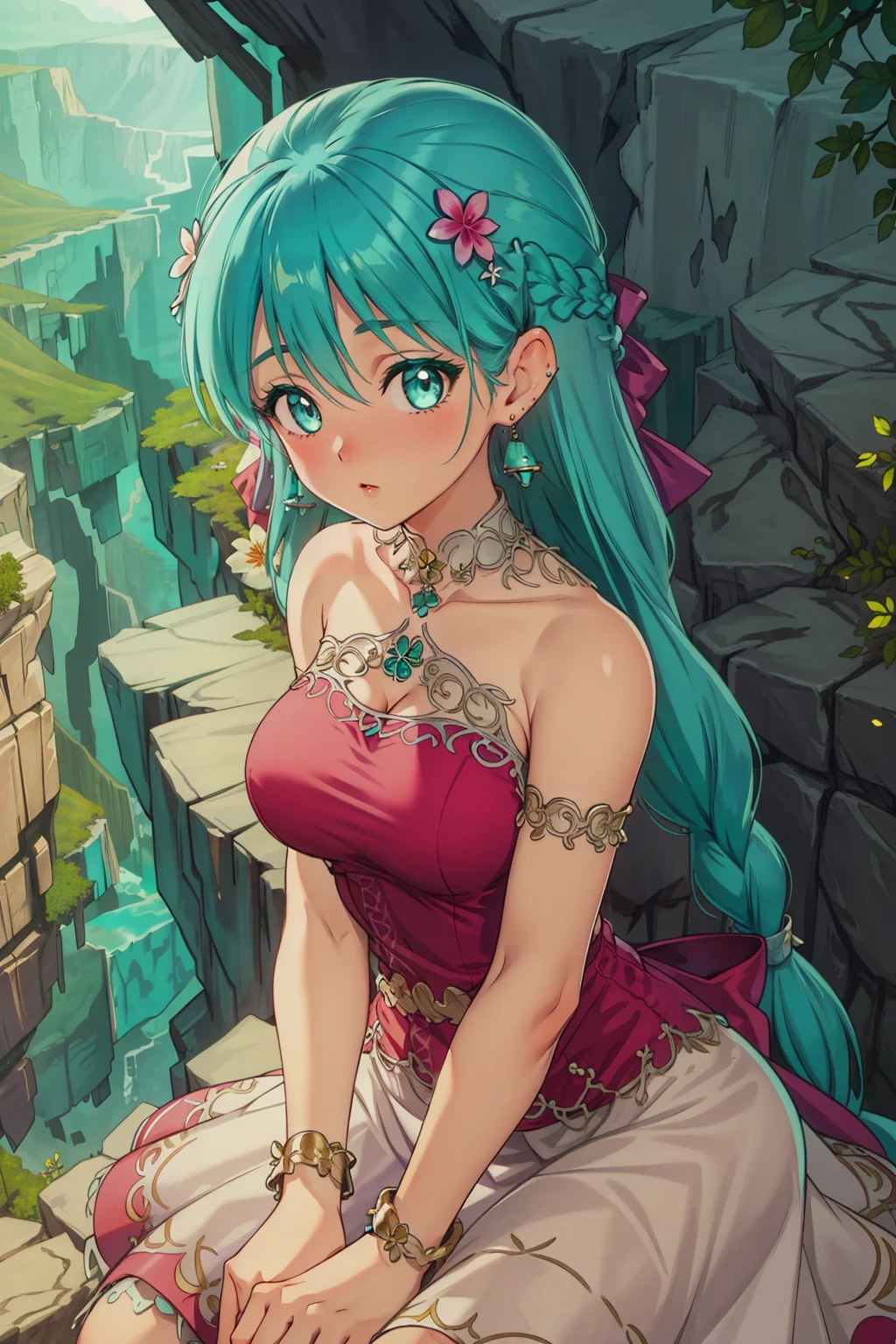 at a canyon, steep cliffs, narrow gorge, awe-inspiring, solo, neraflora, long hair, breasts, aqua eyes, hair ornament, flower, dress, bow, jewelry, aqua hair, braid, earrings, sleeveless, bracelet, single-shoulder dress, bare shoulders, <lora:NeraFlora_Dragon_Quest:1>, looking at viewer