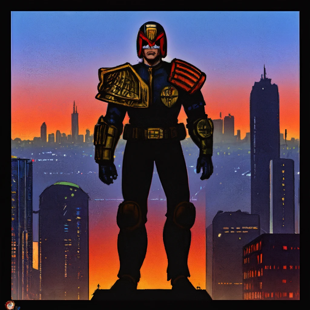 jdgdrddcom, 1man, helmet, armor, retro artstyle, science fiction, uniform, city, skyline, cyberlink, single frame,