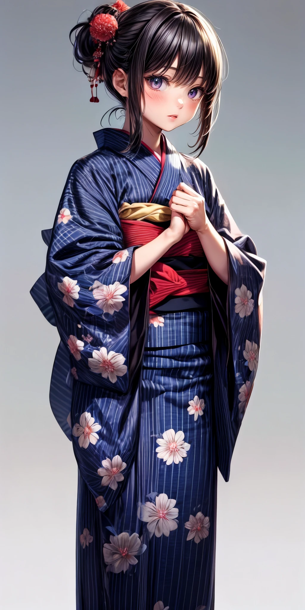 (masterpiece,ultra-detailed,best quality,8K,CG,illustration,shaved:1.0),(girl:1),  <lora:more_details:1> , simple background ,  <lora:jyoji fuku v7:0.6> jyojifuku, yukata, japanese clothes, obi, wide sleeves