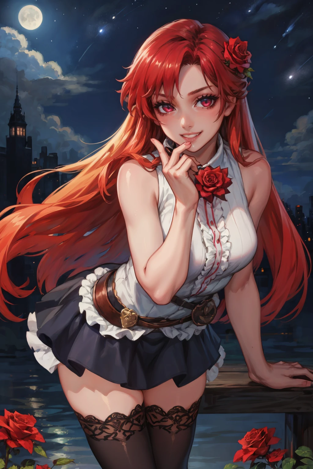 masterpiece, best quality, 1girl, <lora:lisara-nvwls-v1-000009:0.8> lisara restall, sleeveless shirt, frills, rose, belt, black miniskirt, black thighhighs, lace trim, night sky, grin, looking at viewer, leaning forward, holding rose
