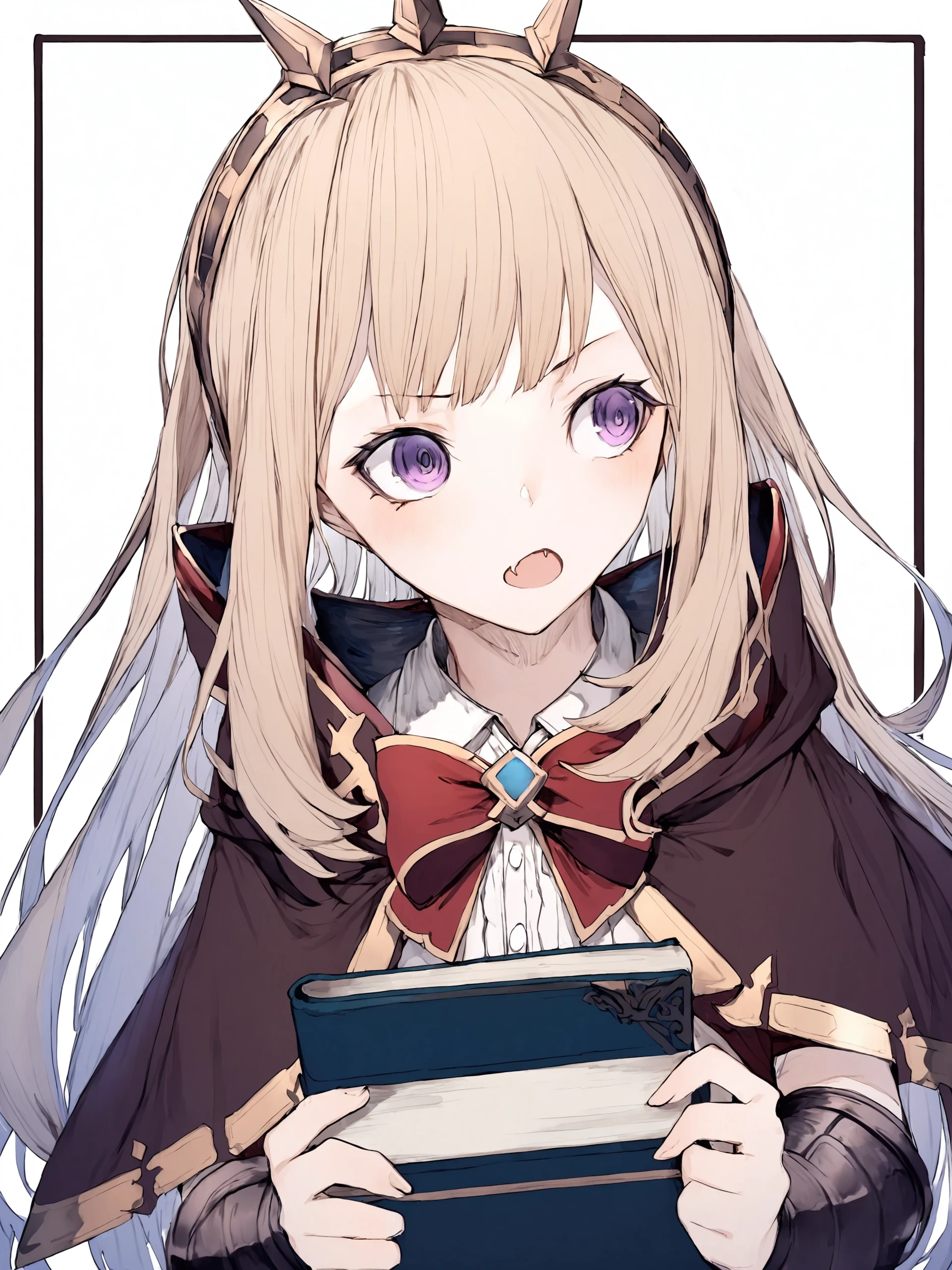 1girl,
cagliostro \(granblue fantasy\),
hito komoru,
sidelocks, looking away, black border, headpiece, gold trim, book, vambraces, blonde hair, very long hair, blush, cloak, white background, purple eyes, shirt, open mouth, bow, fang, upper body, :o, border, solo, long hair, red bow, white shirt, simple background, bowtie, boobplate
<lora:kohaku_delta_style_hito_komoru_f8-000048:1> ,