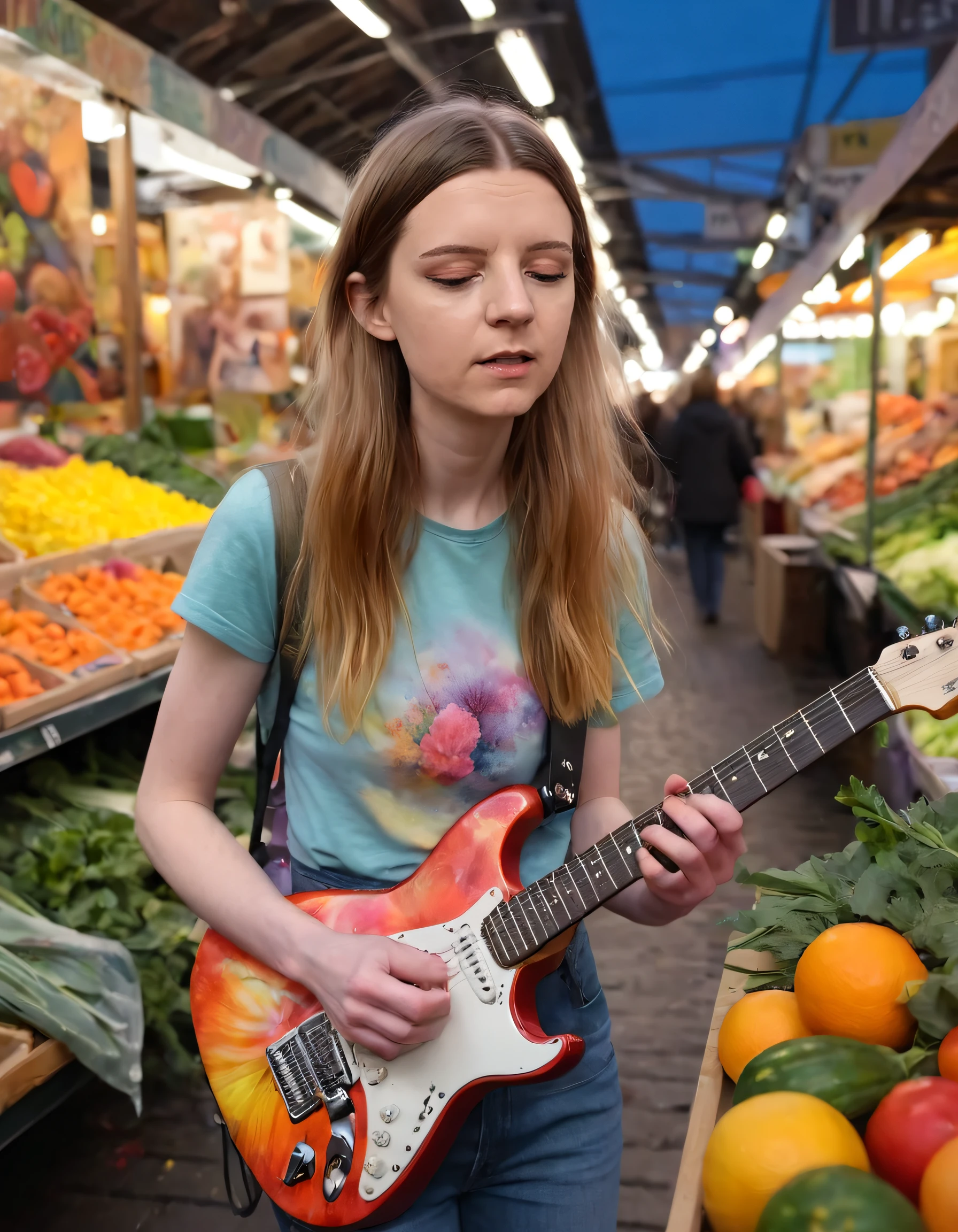 Elise Ecklund, a talented Atypical Autistic Artist known as Channel_42, passionately strummed her electric guitar in the heart of the bustling city market, capturing the essence of spring with a realistic portrait, complete with vivid details and vibrant colors that perfectly blended the calibrated dark background and warm tones of nature's palette. As she played, the wind blew, gently carrying spring flurries, evoking feelings of love for both life and art, while the audience gazed in awe at her mesmerizing creation, inspired by the market's lively energy and the season's bountiful fruits and vegetables. <lora:jthism18e783277ddm119:1>