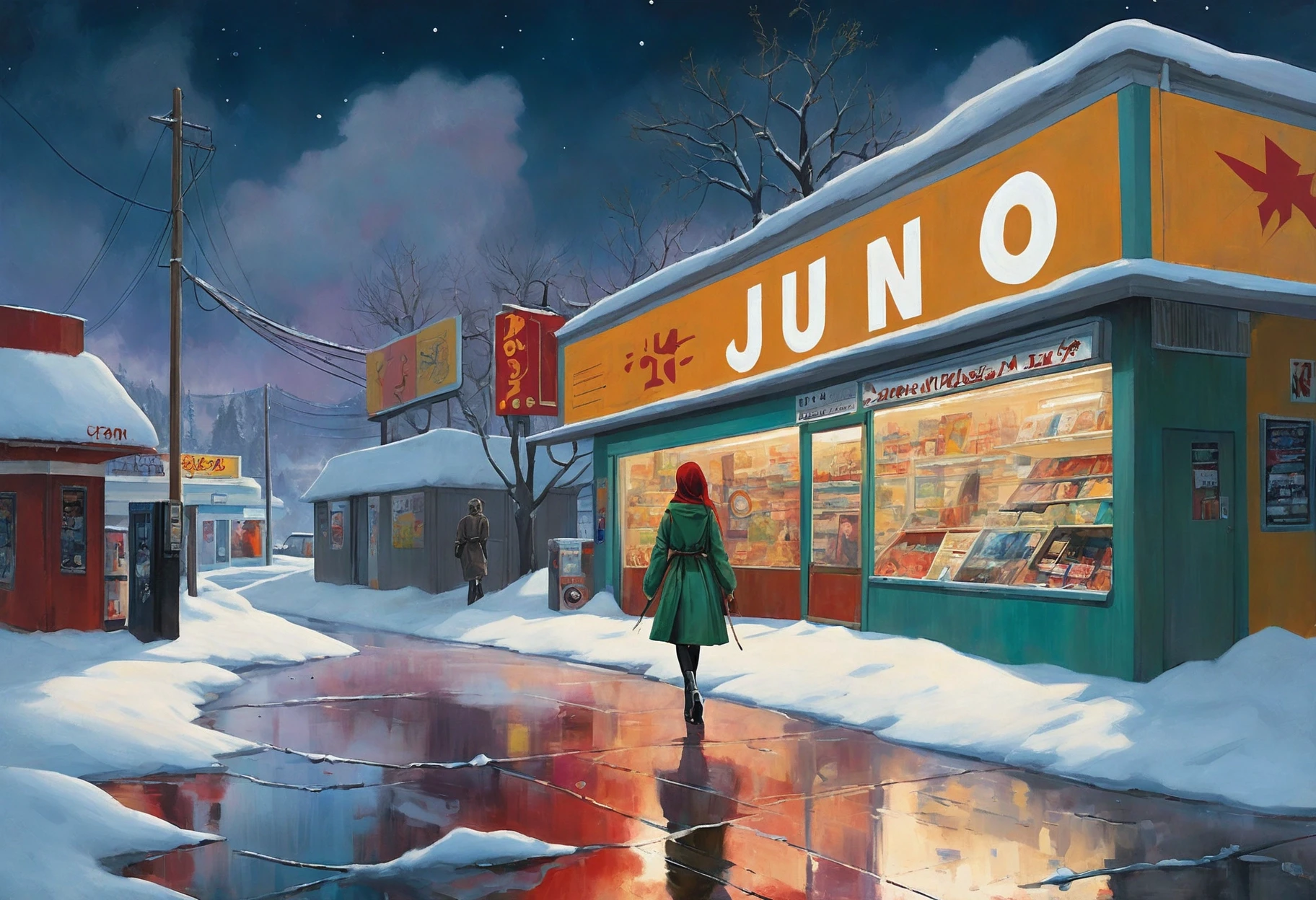 anime artwork futuristic style (designed by Gertrude Abercrombie:1.0) and Emil Ferris, painting, Moorish (Juno:1.2) , she is Walking at a Convenience store, inside of a Moody North Macedonia, crowded roots, Snowy, Overdetailed art, Voidpunk, Inside a snowy convenience store in North Macedonia, a woman walks amidst the crowded roots of the country's rich history. The art surrounding her is moody yet overdetailed, creating an atmosphere of complexity and depth. Her journey through this unique landscape is guided by a mysterious figure known only as Voidpunk Assistant. This painting captures not just a moment in time but also tells a story of resilience and survival in a world filled with beauty and chaos. . sleek, modern, ultramodern, high tech, detailed . anime style, key visual, vibrant, studio anime, highly detailed