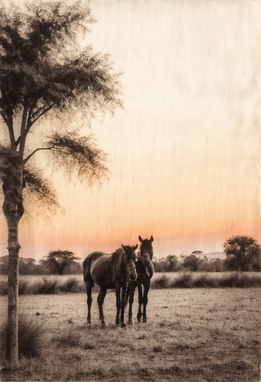 lith_agenta_leinwand, Instagram-Foto von einer Teeplantage in Afrika, im Hintergrund ein paar verschwommene Pferde und schne Lichter, am Abend Sonnenuntergang, weiche Schatten, Filmkorn