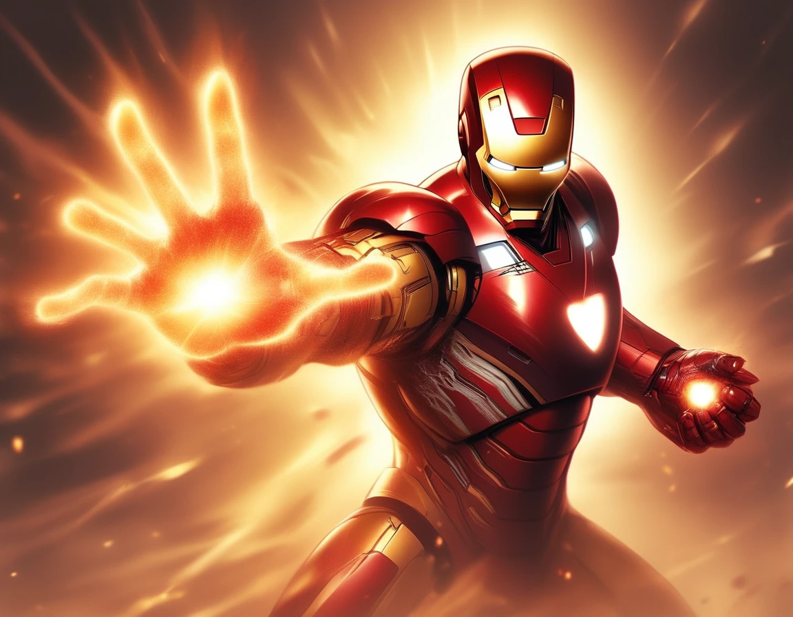 ShiningFinger, beautiful gorgeous furious Iron Man, roaring, action pose, shining glowing holy hand