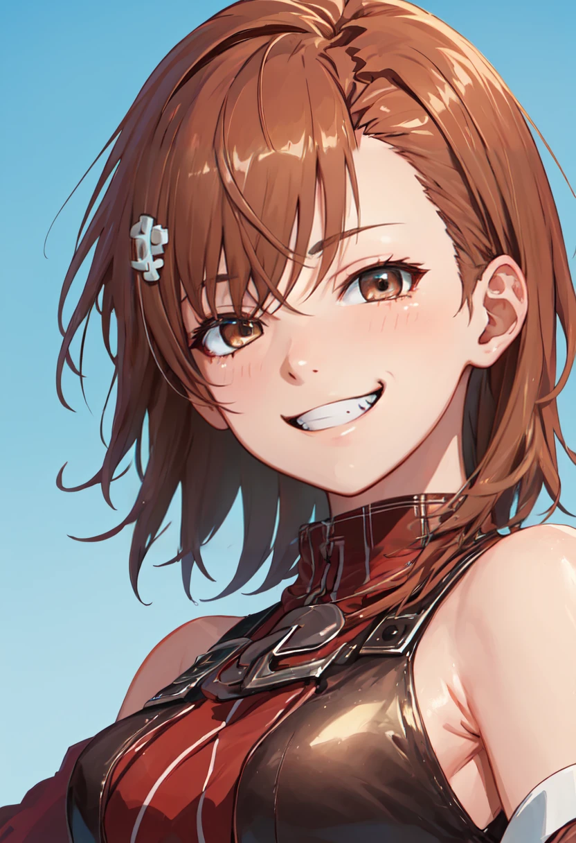 best quality, masterpiece, highres, solo, (misaka_mikoto_bluearchive:1.10), evil grin, evil smile, grin, portrait, looking at viewer, 45 <lora:misaka_mikoto_bluearchive:0.80>