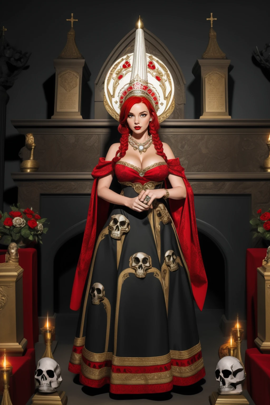 solo, full body, adult woman, (red hair), high quality, best quality, full breasts, <lora:HUD_WTF:0.6>, HUD_WTF, huge headdress, gothic dress made of many gravestones, abstract neckline with many skulls on shoulder