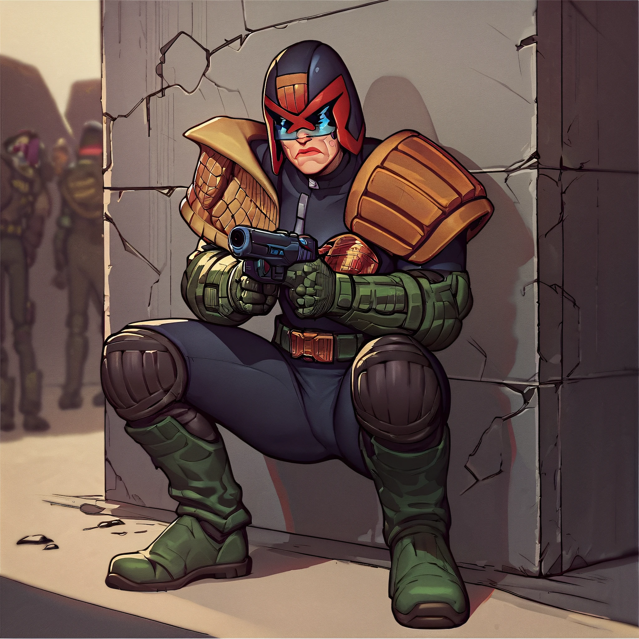 score_9, score_8_up, score_7_up, score_6_up, score_5_up, score_4_up, source_cartoon, BREAK, judge dredd aiming a pistol, armor, helmet, scowling, black visor, cyberpunk, pistol, riot, crowds, filthy, full body,