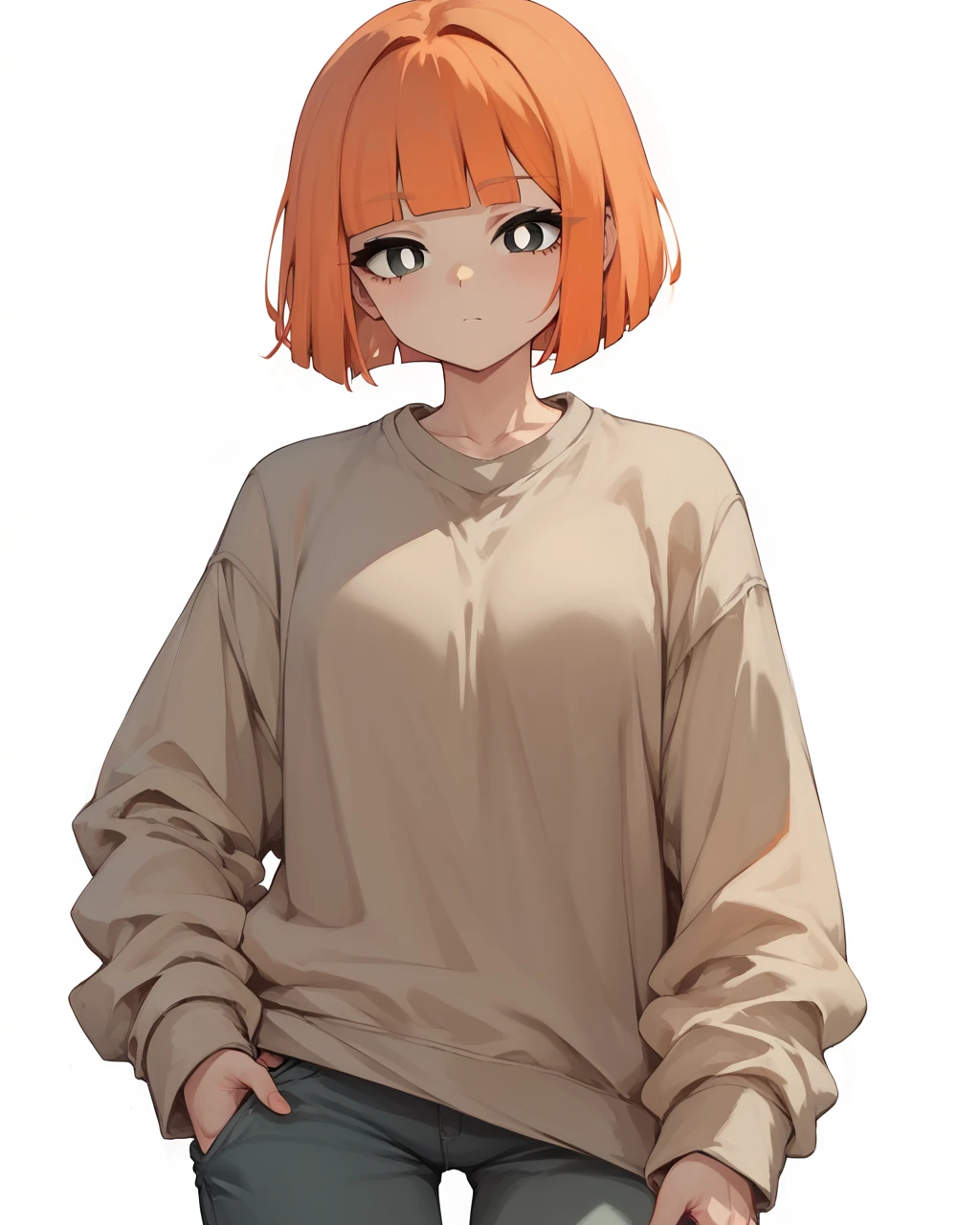 score_9, score_8_up, score_7_up,
<lora:McMommy_PONY:1>,mcmommy,1girl,solo,bright pupils,white pupils, black eyes,blunt bangs, bob cut,orange hair, short hair, pants,sweater,