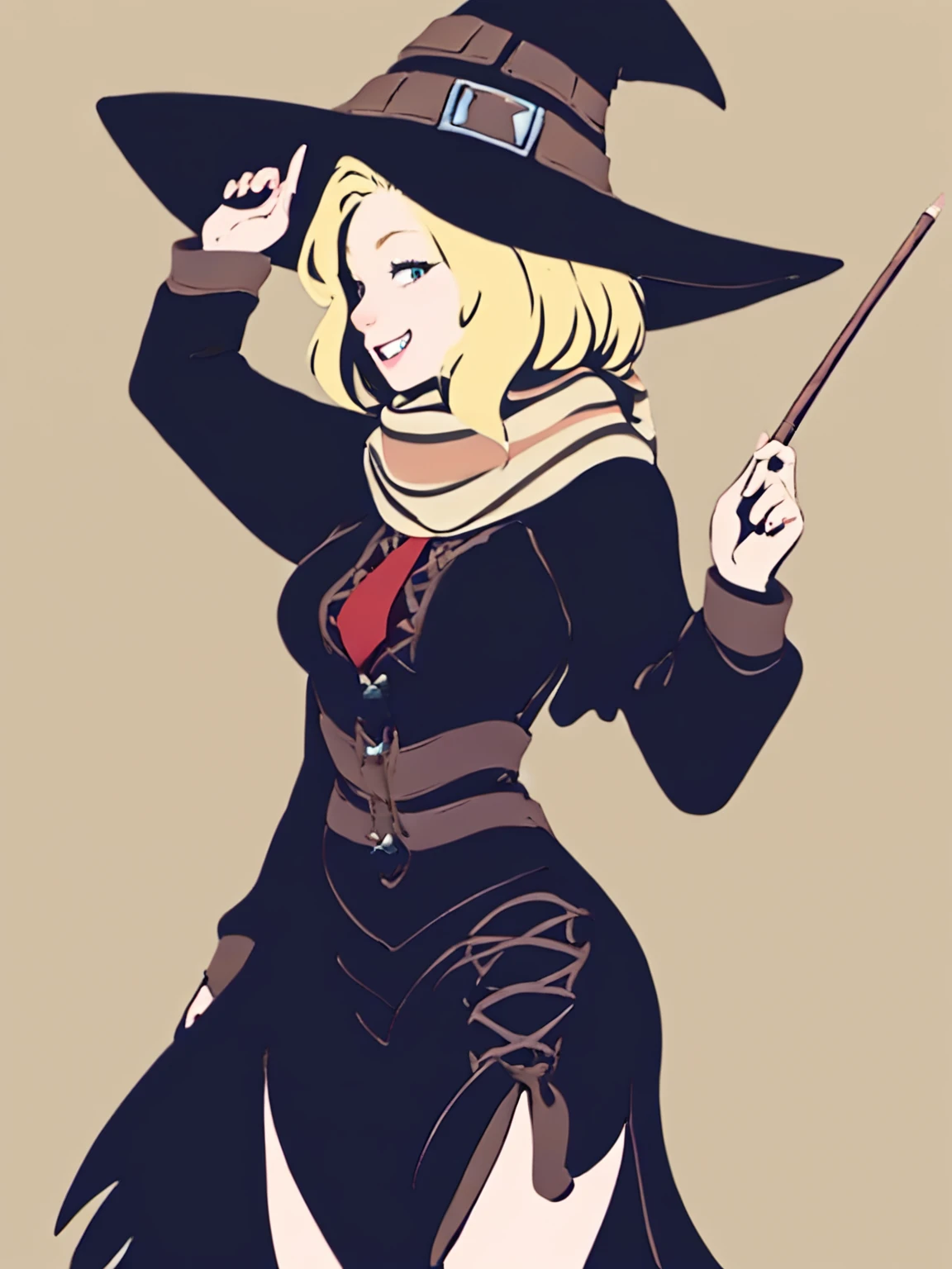 min01style, minimalist style, [score_7_up::0.4],  
woman, arm up, blonde hair, cowboy shot, hand up, holding wand, witch hat,
[:black skirt, long sleeves, scarf:0.2]
[:grin, large breasts, long hair, , red necktie, , smile, striped scarf, teeth, wand, windblown skirt, cleft of venus:0.4]
 <lora:Minimalist_styleXL-000010:0@0,1.2@0.3,1@0.5>