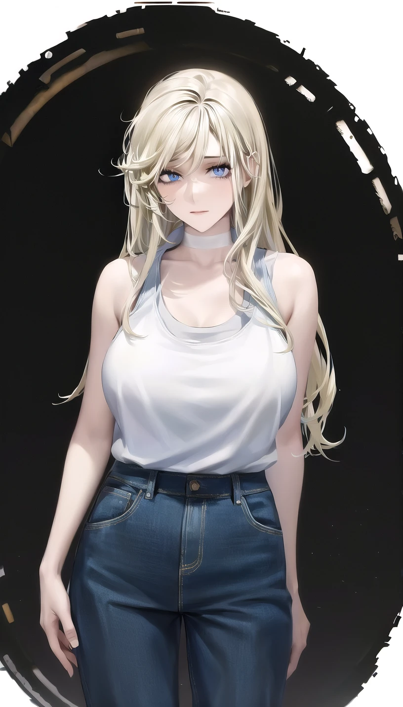 blonde hair, blue eyes,
(tank top:1.28),
lady,mature female, cowboy shot,
(white background, simple background:1.18),
highres,official art,original,masterpiece,best quality,
(large breasts),
<lora:anbo:0.8>