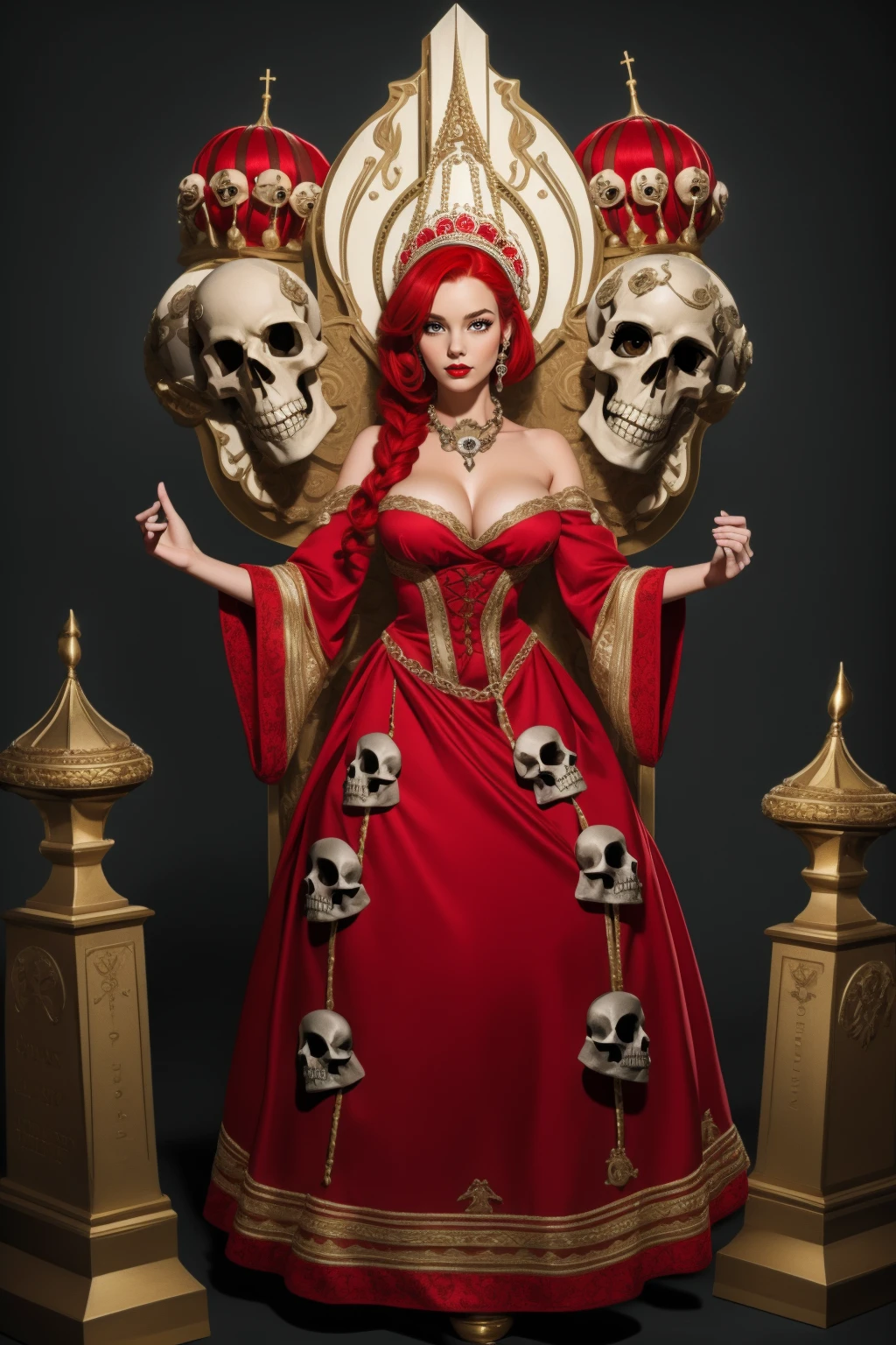 solo, full body, adult woman, (red hair), high quality, best quality, full breasts, <lora:HUD_WTF:0.6>, HUD_WTF, huge headdress, gothic dress made of many gravestones, abstract neckline with many skulls on shoulder