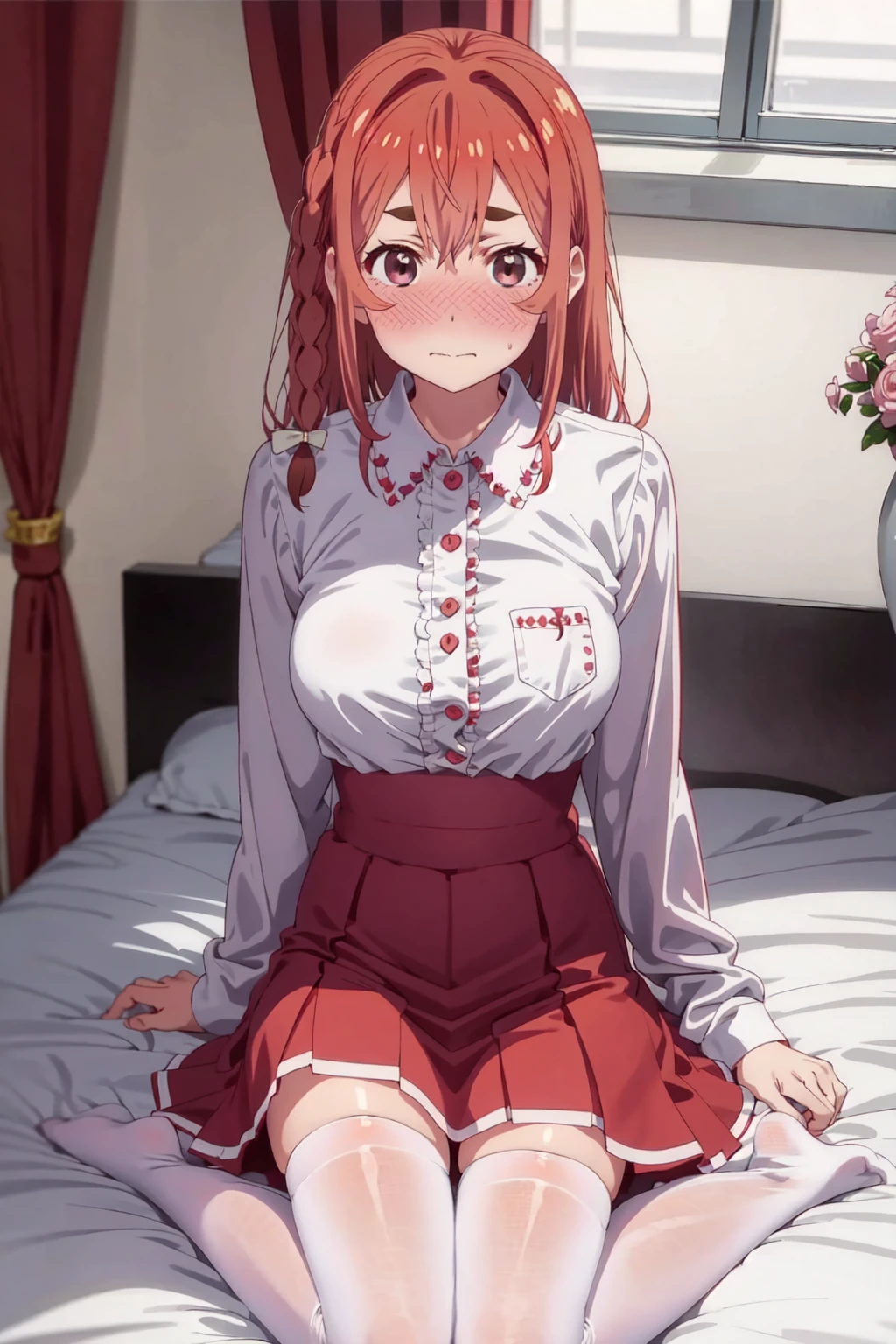 SumiSakurasawa, alone, 1 girl, collared shirt, red dress, looking at viewer, blushing, embarrassed, upper body, white stockings, knee-highs, room, bed, perfect body<lora:EMS-330699-EMS:0.800000>