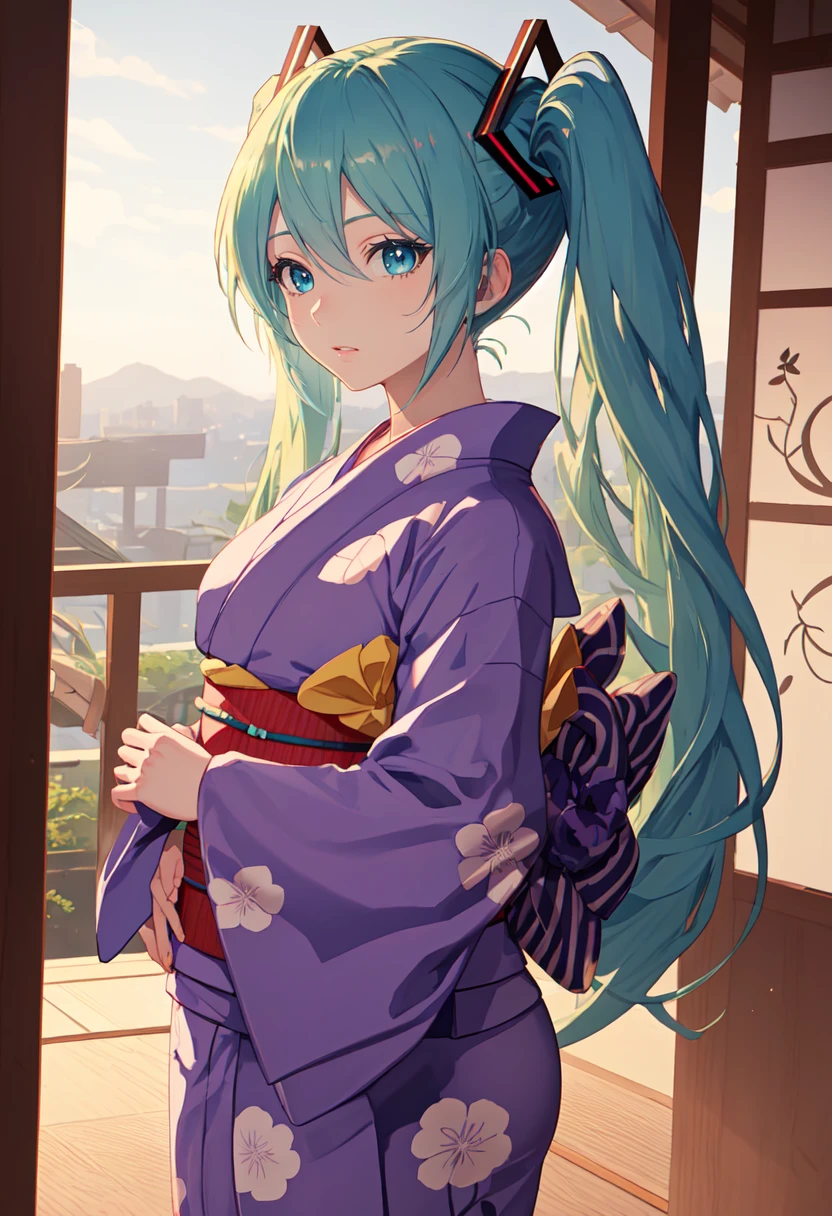 best quality, masterpiece, highres, solo, (hatsune_miku_bluearchive:1.10), (yukata:1.30), (kimono:1.15), 29 <lora:hatsune_miku_bluearchive:0.80>