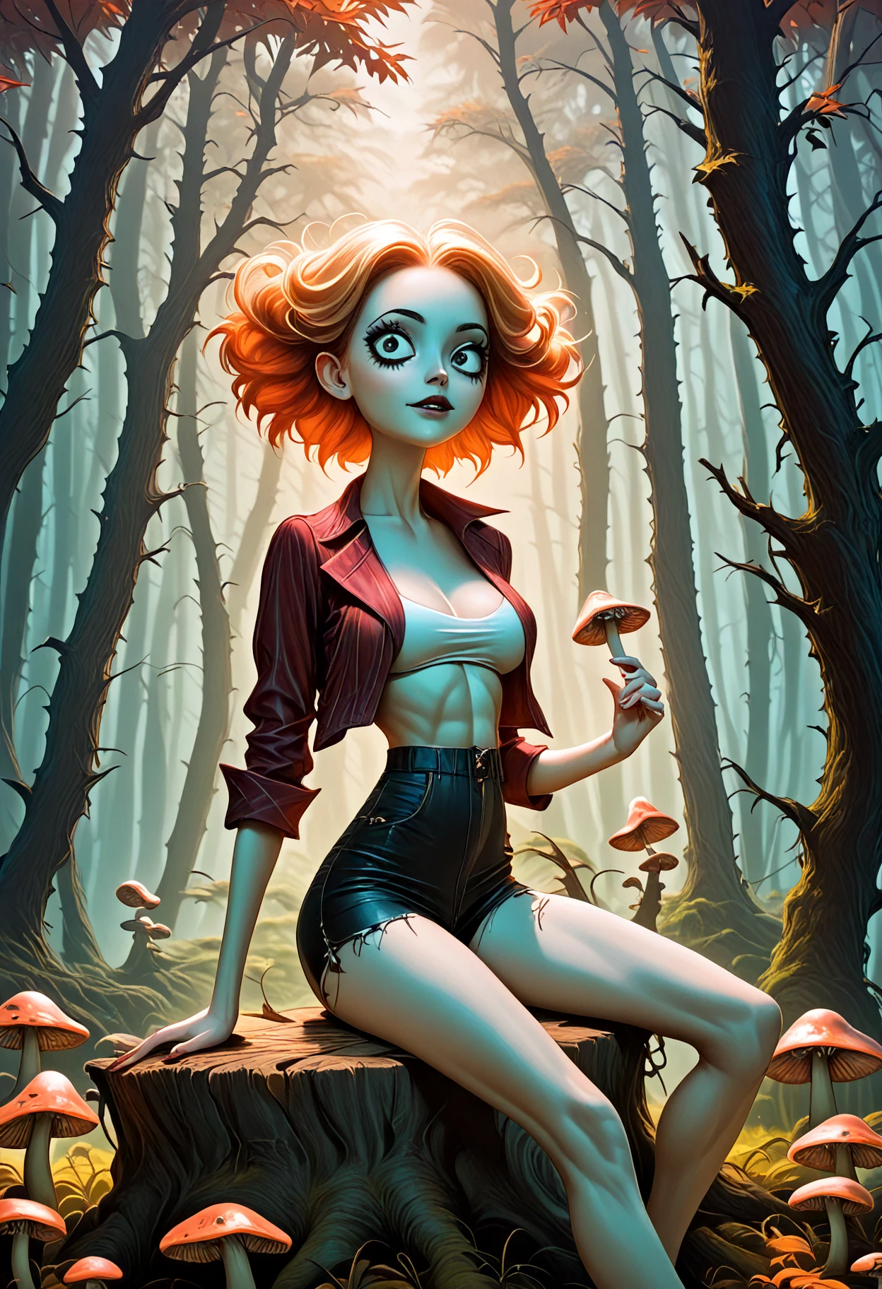 score_9, score_8_up, score_7_up, score_6_up, Tim Burton Style, This is a painting of a muscular woman, big boobs, slim waist, dressed in pink, sitting on a tree stump in a forest. The woman appears to be a zombie, with a unique and eerie appearance. The painting is filled with mushrooms, adding to the creepy atmosphere of the scene. 