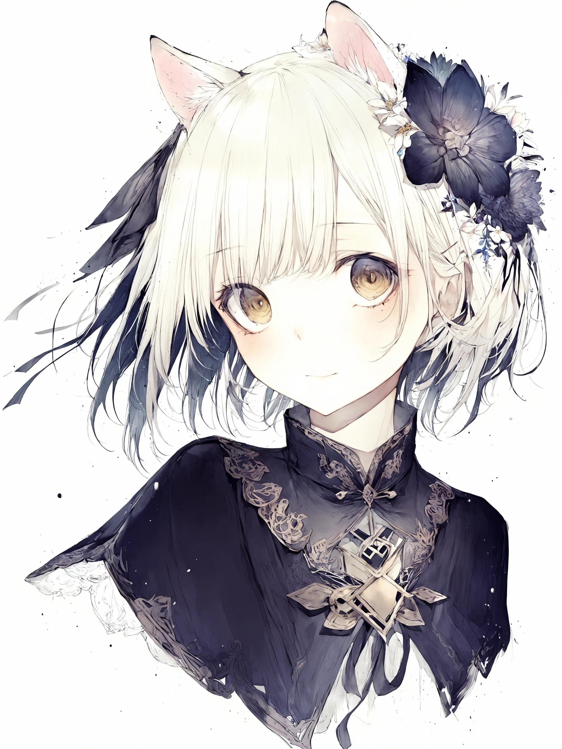 1girl, hito komoru,
animal ears, blush, hair ornament, short hair, white background, flower,hair flower,yellow eyes, white hair, portrait, nebulae,milky way,
<lora:kohaku_delta_style_hito_komoru_f8-000048:1> ,