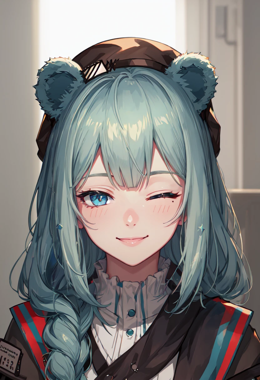 best quality, masterpiece, highres, solo, (istina_arknights:1.10), smile, happy, one eye closed, portrait, looking at viewer, 33 <lora:istina_arknights:0.80>