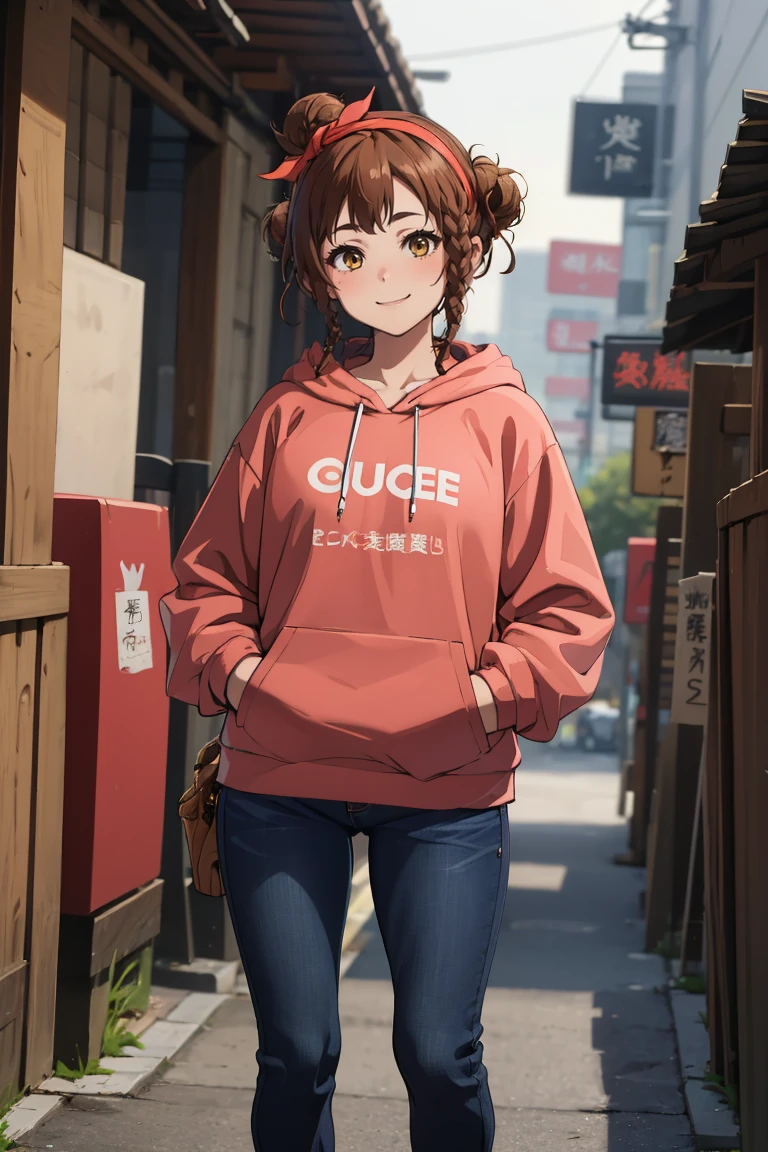 masterpiece, best quality, absurdres, 1girl, solo, MisakiSawakiguchi, hair bun, braid, hairband, hoodie, hands in pockets, outdoors, smile, jeans, <lora:CHAR-MisakiSawakiguchi:0.8>