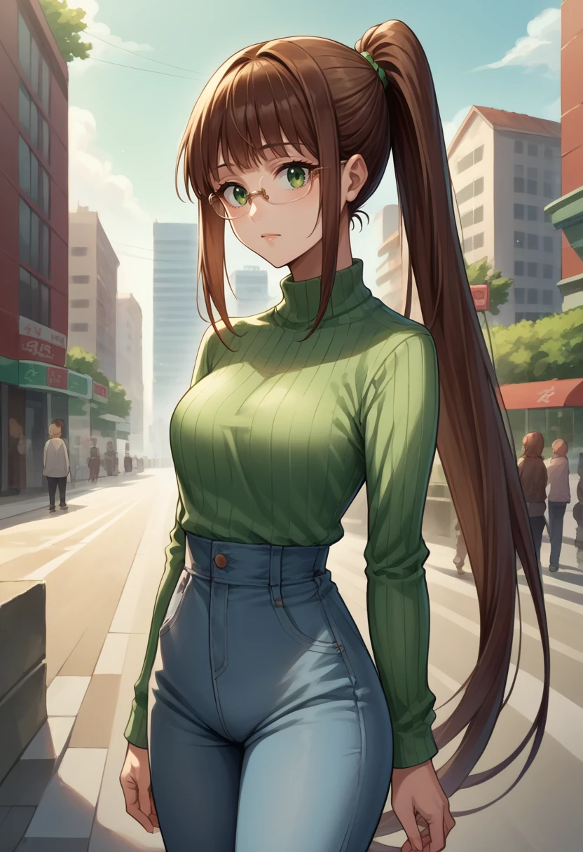 score_9, score_8_up, source_anime, 1girl, RuriMiyamoto, brown hair, bangs, very long hair, ponytail, green eyes, glasses, sweater, ribbed sweater, long sleeves, high-waist pants, outdoors, city, <lora:ChamRuriMiyamotoPonyXL:1>