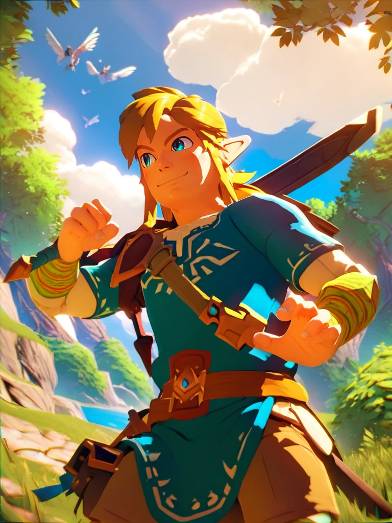 score_9, score_8_up, score_7_up, score_6_up, link, sword, forest, cowboy shot, smile, looking away, dynamic pose, male, epic pose, blue sky, clouds, hands at side,
BotWYei, cartoon, 3d, <lora:ZeldaBotW_Style-10:1>