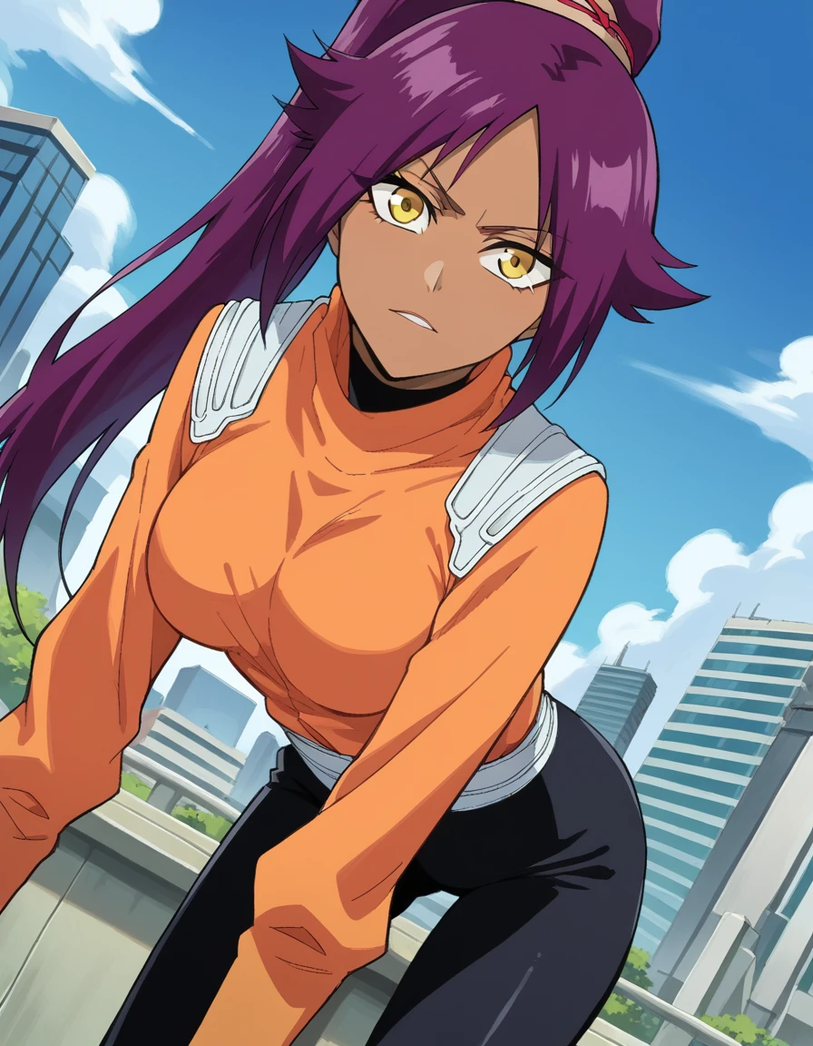 score_9, score_8_up, score_7_up, source_anime,
yoruichishihouin, <lora:yoruichi-shihouin-ponyxl-lora-nochekaiser:1>
yoruichi shihouin, long hair, yellow eyes, ponytail, purple hair, dark skin, dark-skinned female,
bodysuit, black bodysuit, bodysuit under clothes, orange shirt, long sleeves,
outdoors, cityscape, bent over,
looking at viewer, dutch angle, cowboy shot,