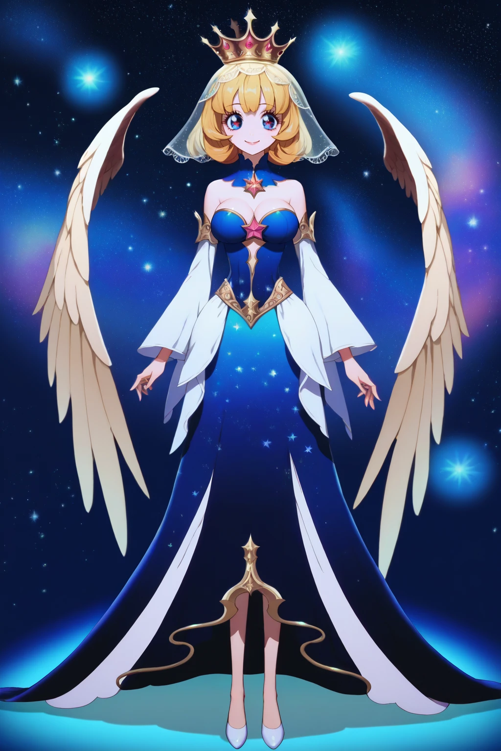 score_9, score_8_up, score_7_up, score_6_up, score_5_up, score_4_up, BREAK source_anime,anime screencap, rating_explicit,cowboy shot,1girl,solo,blonde,smile,big eyes,large breasts
edgTF, full body, wings, crown, starry sky, veil ,wearing edgTF_dress
<lora:edgFantasyPonyv1:0.75>