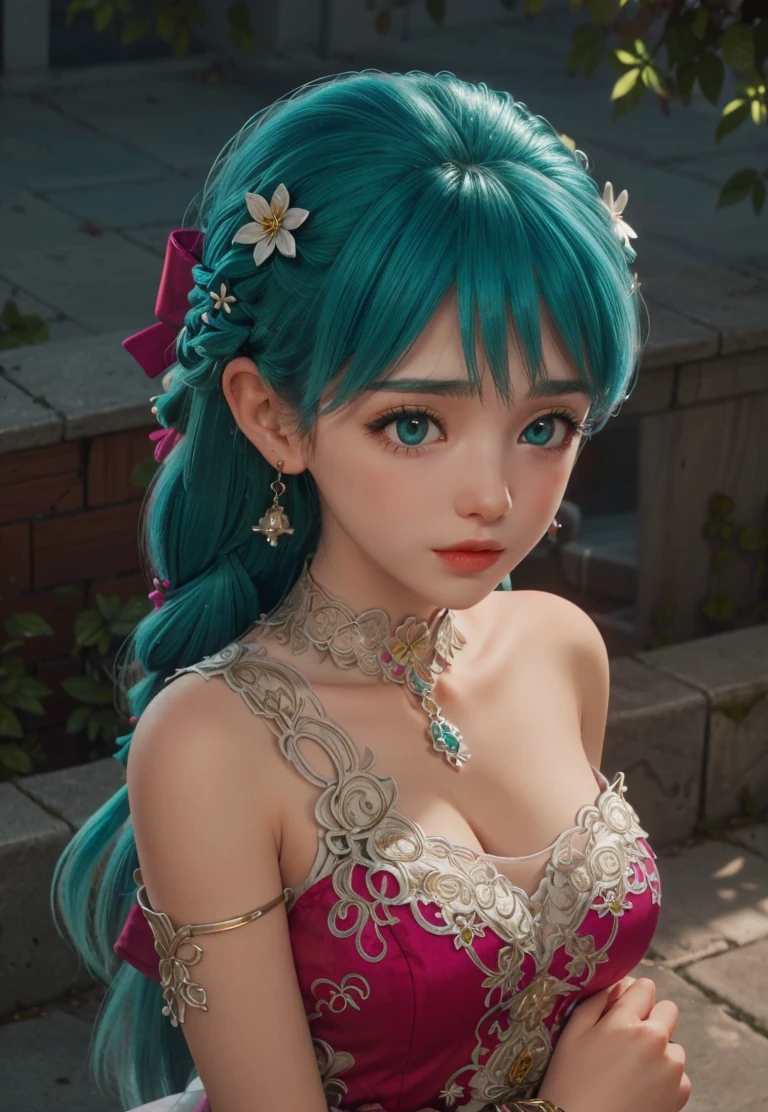 dramatic lighting, close up, adult female, neraflora, long hair, breasts, aqua eyes, hair ornament, flower, single-shoulder dress, bow, jewelry, aqua hair, braid, earrings, sleeveless, bracelet, sleeveless dress, bare shoulders, <lora:NeraFlora_Dragon_Quest:0.8>, castle, garden, looking at viewer, <lora:add_detail:0.3>