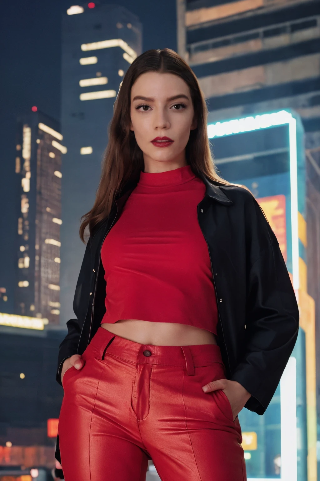 <lora:an4t4ly0rj0y:0.8> an4t4ly0rj0y portrait, cyberpunk background, neon lights, night, oversized jacket, edgerunners, 2077, red pants, medium close-up, looking at viewer, black top