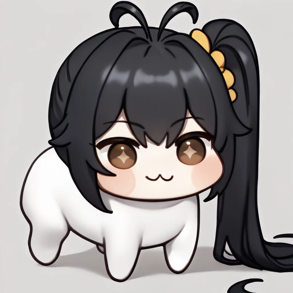 score_9_up, score_8_up, score_7_up, source_anime, doro, creature, :3, chibi, no humans, four legs, solid circle eyes, no pupils, white skin, <lora:Doro_X_PDXL_V1:1.0>, <lora:cecikr-ponyxl-beta2-08:0.8>, black hair, very long hair, brown eyes, side ponytail, sidetail, cecikr, hair ornament, antenna hair, star-shaped pupils, simple background, white background,