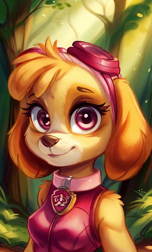 (by Spirale, by Liveforthefunk, by Birdpaw \(artist\), traditional media \(artwork\)),
female, solo, female focus, smile, (:o:1.2),
(anthro:1.4), small breasts,
(portrait, looking at viewer:1.45),
<lora:Skye_PawPatrol_RETRAIN:0.8> skyepawpatrol, skye \(paw patrol\),
dog ears, floppy ears,
goggles, (vest:1.2), collar,
(forest),
detailed background, depth of field, shadow, ambient silhouette, backlighting, masterpiece, best quality, 4k, 2k, (high detail, vector art:1.25), absurd res,