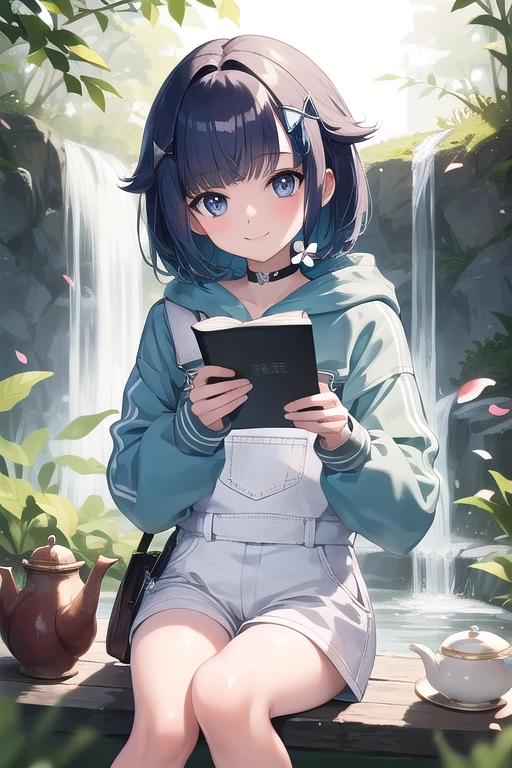 tsumugi kokage, 1girl, solo, short hair, hair ornament, hoodie, white overalls,  library, holding, holding book, sitting, saucer, teapot, masterpiece, best quality, looking at viewer, waterfall, grass, plant, flower, petal, smile