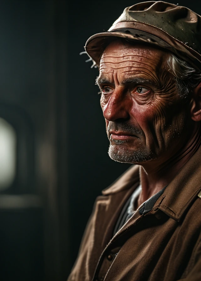 cinematic realism film scene still of a photo focus on close-up face, lively sparkling eyes,
man older miner visiting construction site, chiaroscuro, alot of items,
highly detailed , background inside dark, moody, POV, by
Diagonals, Dynamic Lines, Energetic Composition | physically-realistic | <lora:Chiaroscuro_SD-v1_e5:1>, film, professional, 4k, highly detailed . 35mm f1.8 Macro, chiaroscuro, shallow depth of field, vignette, Mise-en-scene, detailed, cinemascope, moody, epic