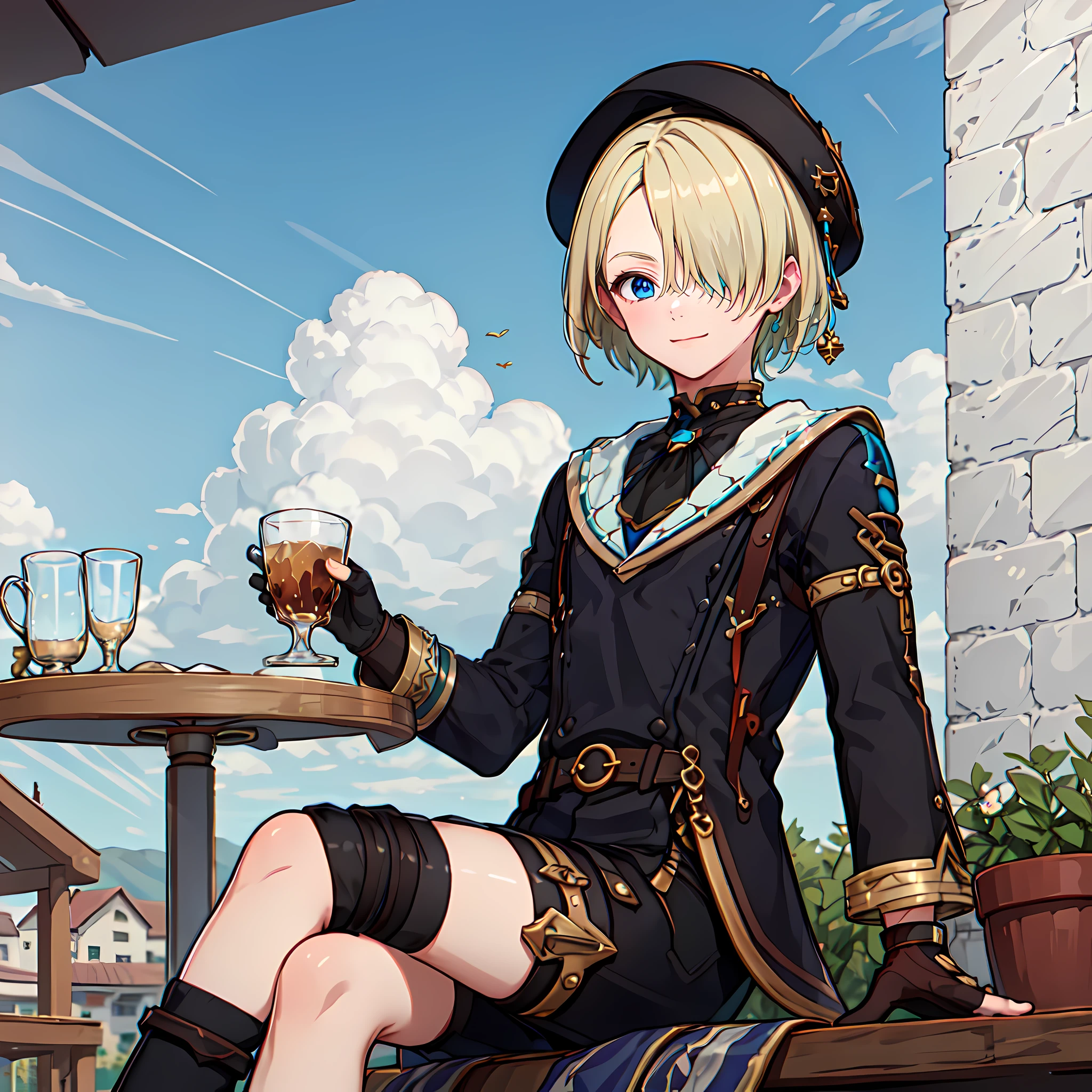 masterpiece,best quality,Freminet, (1boy), cowboyshot,perfect lighting,posing,sit,crossed legs,table,holding cup of tea,buttons,cinematic,solo,blue eyes, gloves, shorts,hair over one eye,blonde hair,fingerless gloves,short hair, hat, long sleeves,young boy, black footwear, black shorts, socks, belt, thighlet, thigh strap,outdoors,cloud,beautiful scenery, <lora:Freminet:0.8>