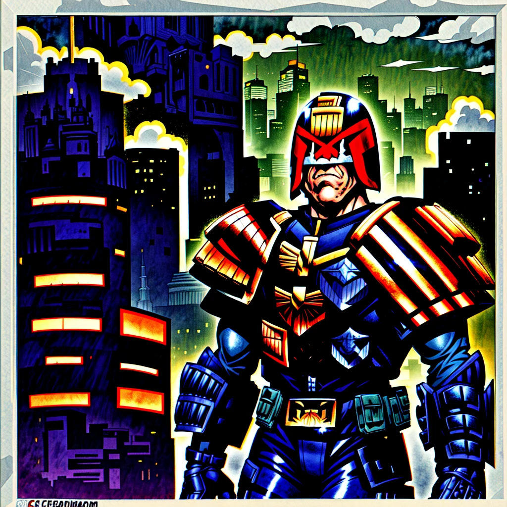 1man, helmet, armor, uniform, city, skyline, single frame, hand drawn, hand inked, cel shaded, jdgdrddcom,