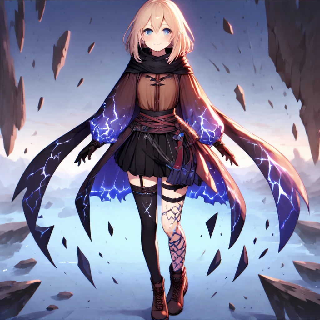 score_9, score_8_up, score_7_up,
ShatteredCloth,1girl,solo,looking at viewer,blush,smile,bangs,blue eyes,skirt,shirt,thighhighs,gloves,long sleeves,hair between eyes,closed mouth,standing,full body,pleated skirt,boots,black gloves,puffy sleeves,black thighhighs,black skirt,scarf,black footwear,garter straps,brown footwear,single thighhigh,cross-laced footwear,puffy long sleeves,rock,electricity,brown shirt,black scarf
<lora:ShatteredClothPony:0.81>
