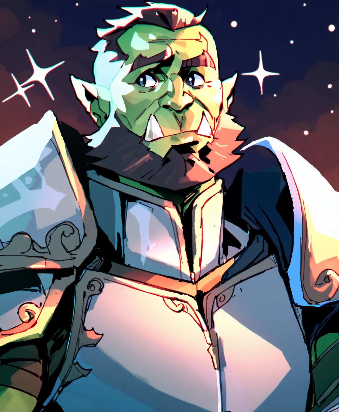absurdres, original, score_9, score_8_up, score_7_up, rating_safe, rating_questionable, male focus, mature male, orc, green skin, tusks, beard, outdoors, armor, looking at viewer, shoulder armor, breastplate, upper body, closed mouth, pauldrons, night, night sky, standing, sparkle