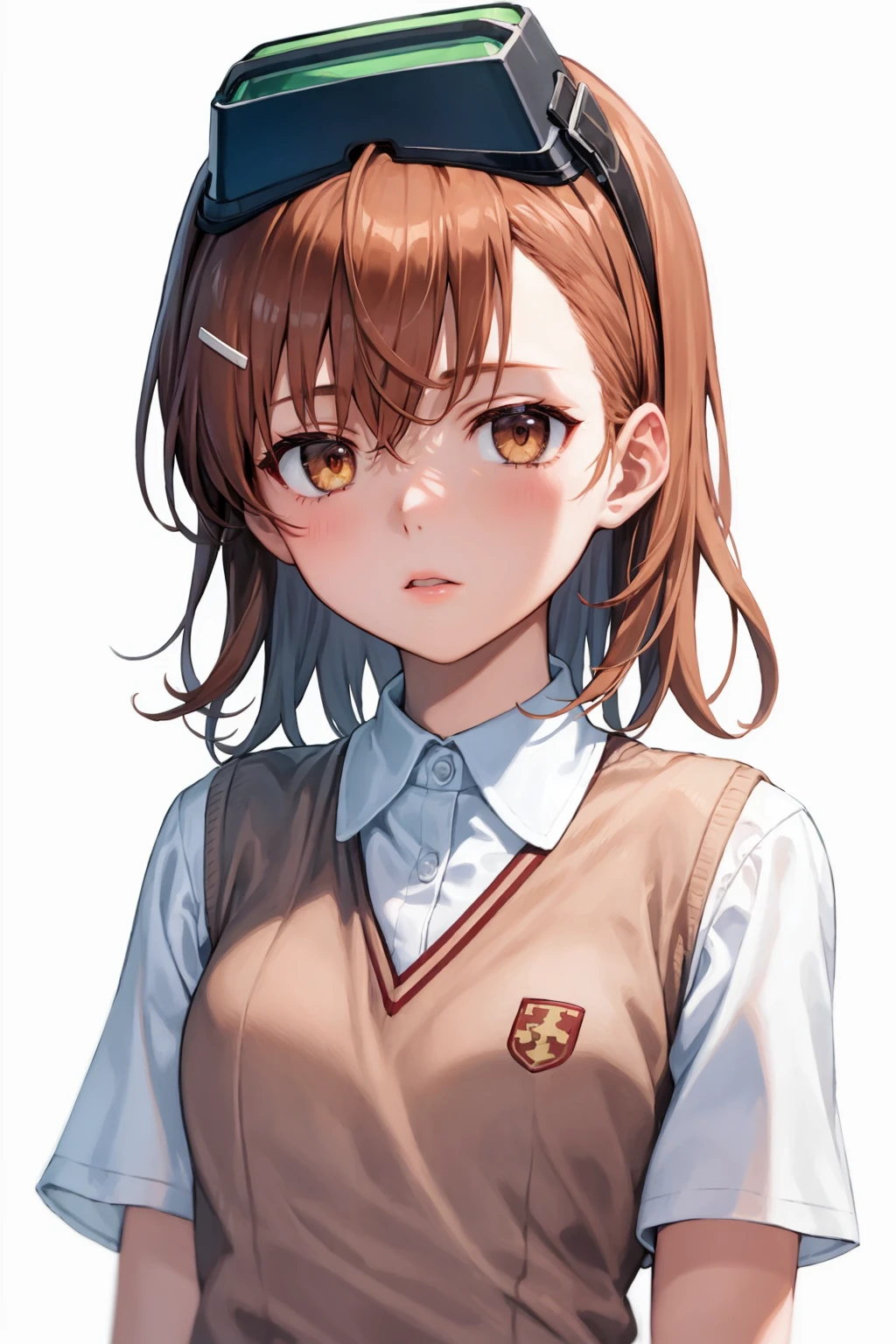 masterpiece, best quality, <lora:misakaimouto:1>,1girl, solo, head-mounted display, brown hair, tokiwadai school uniform, misaka imouto, school uniform, brown eyes, short hair, misaka mikoto, sweater vest, hair ornament, hairclip, hairpin, simple background, upper body, white background