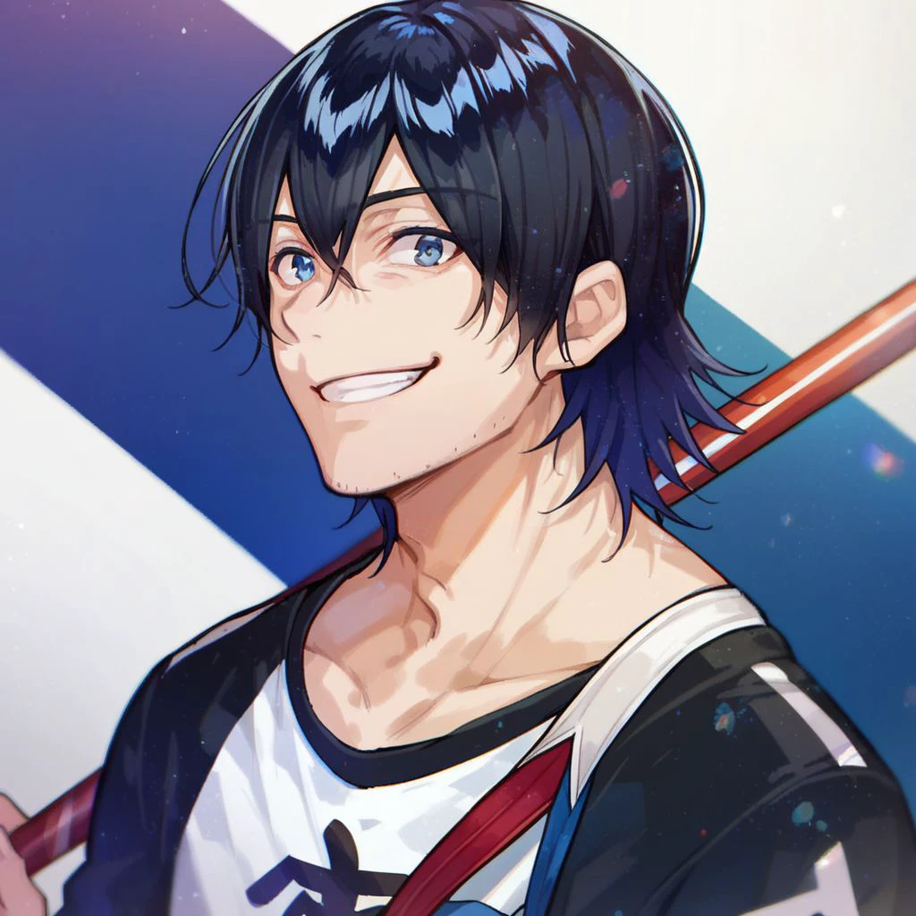 score_9, score_8_up, score_7_up, owari sekai, 1boy, solo, black hair, blue eyes, white shirt, looking at viewer, smile, close-up portrait, gradient background