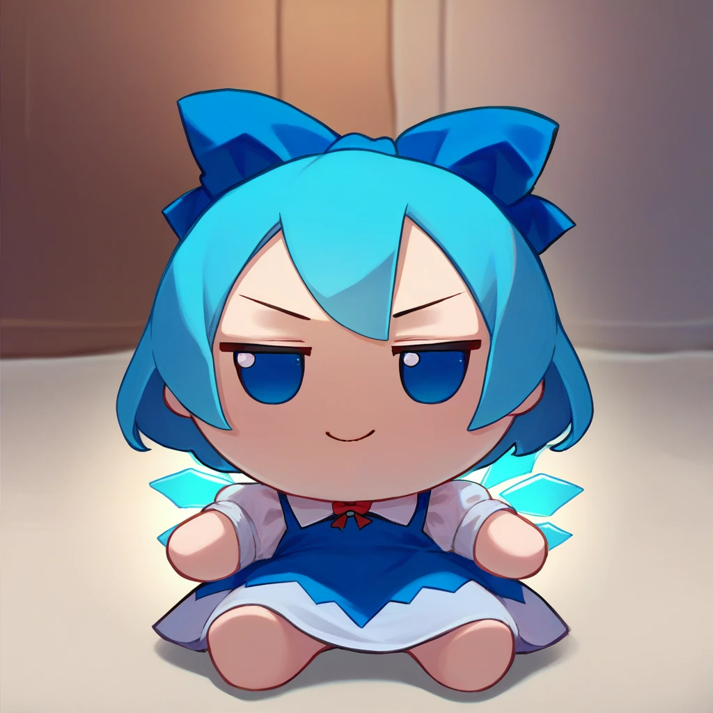 score_9, score_8_up, score_7_up, fumo \(doll\), chibi, solo, 1girl, cirno, smirk, closed mouth, sitting, short blue hair, hair bow, blue eyes, blue pinafore dress, white shirt, puffy short sleeves, ice wings <lora:style_toyfumo_ponyXL-000006:1>