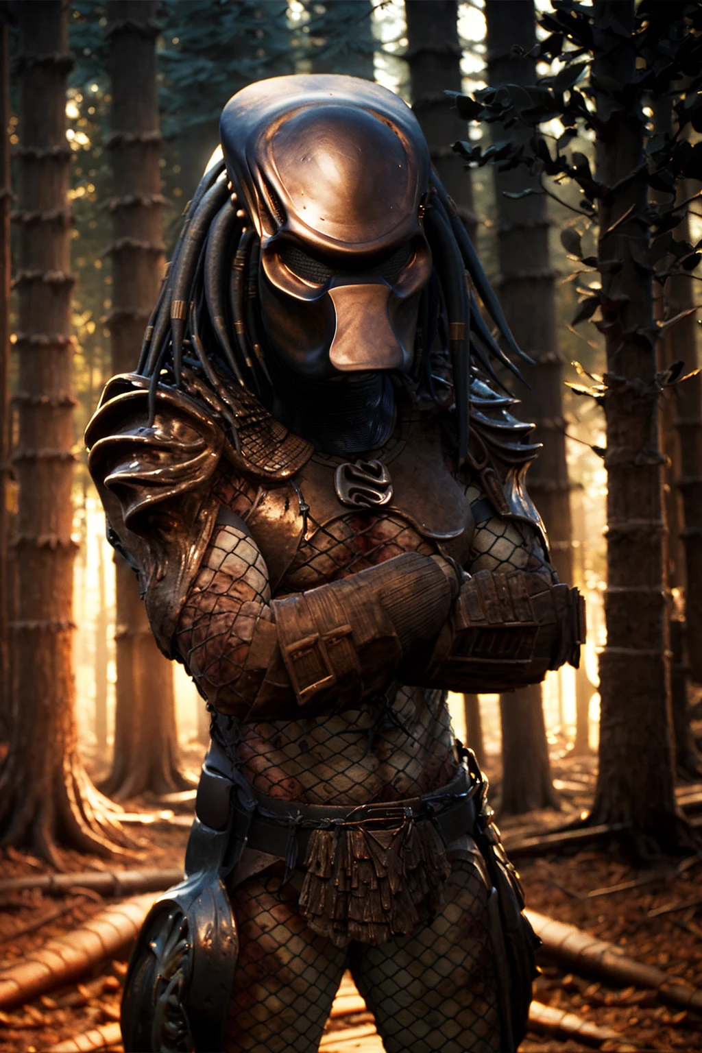 <lora:AwienPwedatow1:0.9>, A Photo of a female Yautja predator with sharp teeth (smiling, smile), (perfect head and teeth:1.1), (highly detailed skin:1.1), (perfect breasts), (erect perfect nipples:1.3), perfect slim body, (very muscular, shredded muscles, perfect six-pack abs:1.3), Sexy pose, NSFW, (Nude), Photorealistic, detailed face, Fashion Photography, Sunset, Foggy, standing a foggy Forest background, blurred background, atmospheric fog, RAW, analog, sharp focus, 8k, high res, DSLR, high quality, Fujifilm XT3, film grain, award winning, <lora:epi_noiseoffset:0.6>