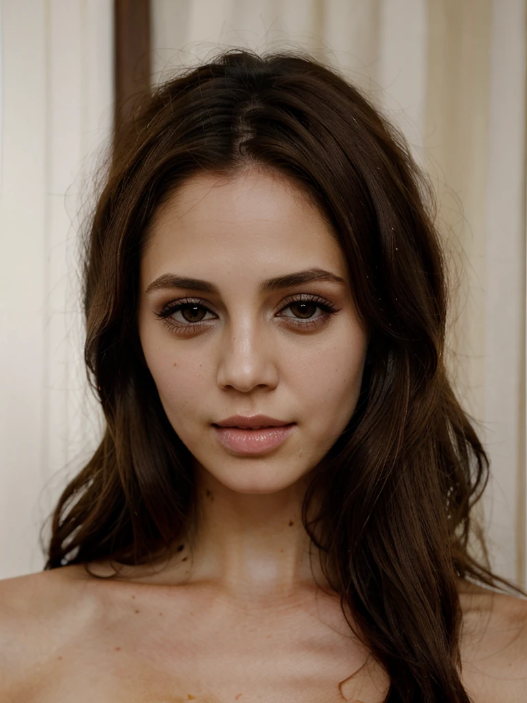 A beautiful 3l1z4d woman,1girl,solo,long hair,looking at viewer,brown hair,black hair,brown eyes,upper body,mole,lips,makeup,traditional media,mole on breast,realistic,painting (medium),soft lighting, professional Photography, Photorealistic, detailed, RAW, analog, sharp focus, 8k, HD, high quality, masterpiece<lora:3l1z4d:1.0>