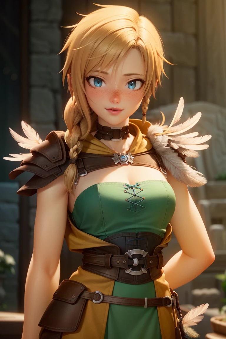 (realistic:1.3), solo, biancawhitaker, long hair, breasts, blue eyes, blonde hair, cleavage, choker, jewelry, braid, armor, green clothes, lips, single braid, feathers, shoulder armor, hair over shoulder, freckles, weapon, <lora:Bianca_Whitaker_Dragon_Quest_Your_Story:1>, small breasts, full body, looking at viewer, light smile,  beautiful detailed face, beautiful detailed eyes, sharp details, unreal engine, octane render, <lora:add_detail:0.3>