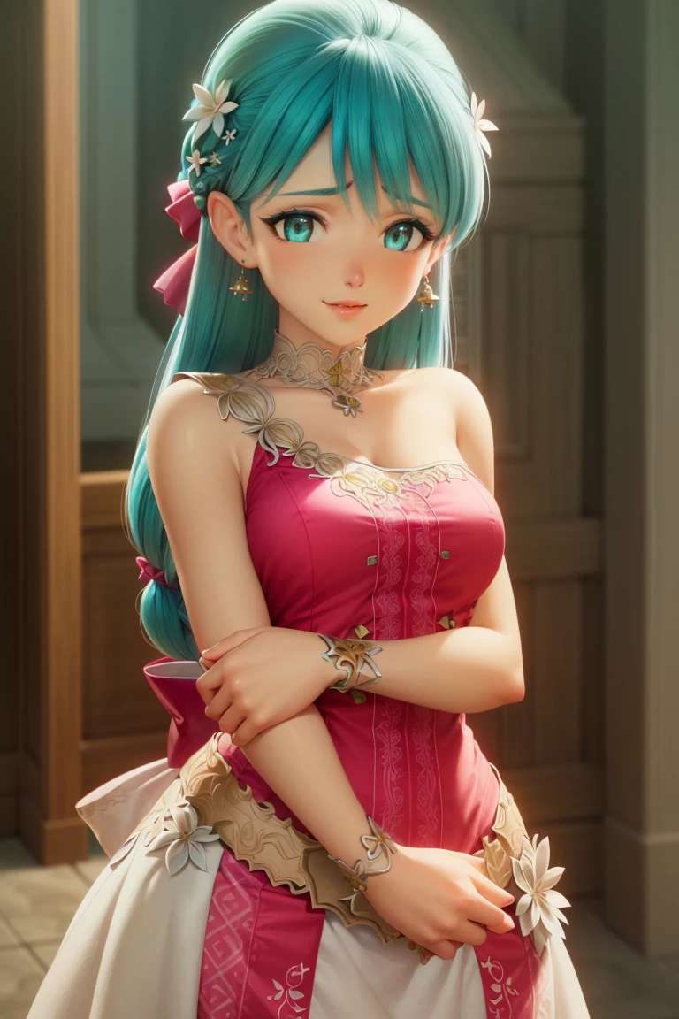 (realistic:1.3), solo, neraflora, long hair, breasts, aqua eyes, hair ornament, flower, dress, bow, jewelry, aqua hair, braid, earrings, sleeveless, bracelet, sleeveless dress, bare shoulders, makeup, <lora:NeraFlora_Dragon_Quest:1>, small breasts, upper body, looking at viewer, light smile,  beautiful detailed face, beautiful detailed eyes, sharp details, unreal engine, octane render, <lora:add_detail:0.3>