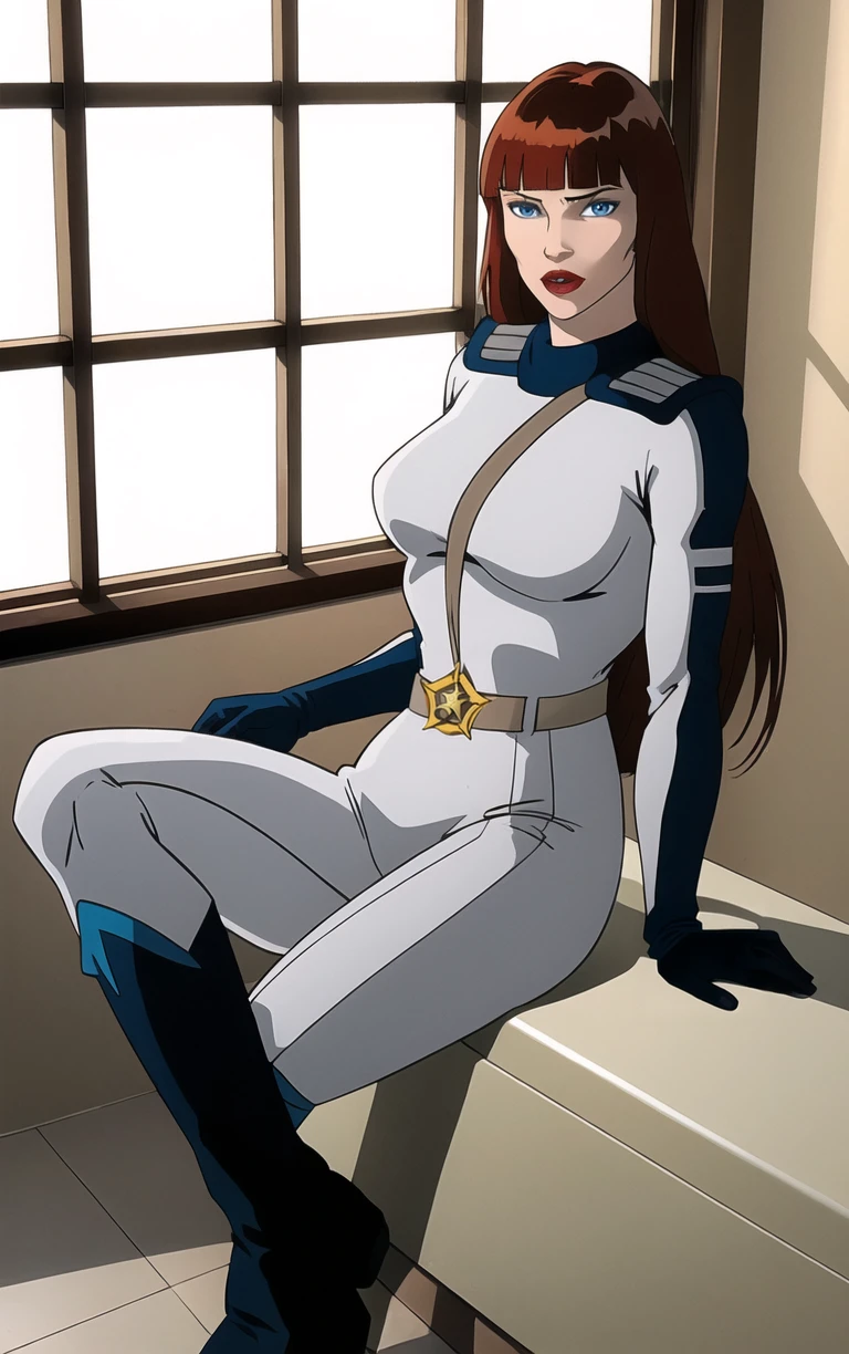 ((masterpiece, best quality)), insaneres, absurdres, solo, looking at viewer, 
CARTOON_AdventuresofGalaxyRangers, 
1girl, long hair, brown hair, bangs, blunt bangs, makeup, lipstick, lips, blue eyes, red hair,  large breasts, very long hair, 
skin tight,  belt, bodysuit, uniform, boots, holster, spacesuit, military, gloves, 
(sitting, spread legs), bathtub,  window shade, <lora:CARTOON_AdventuresofGalaxyRangers:0.9>,
 depth of field, light particles,