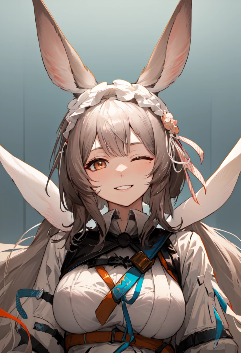 best quality, masterpiece, highres, solo, (warmy_arknights:1.10), smile, happy, one eye closed, portrait, looking at viewer, 26 <lora:warmy_arknights:0.80>