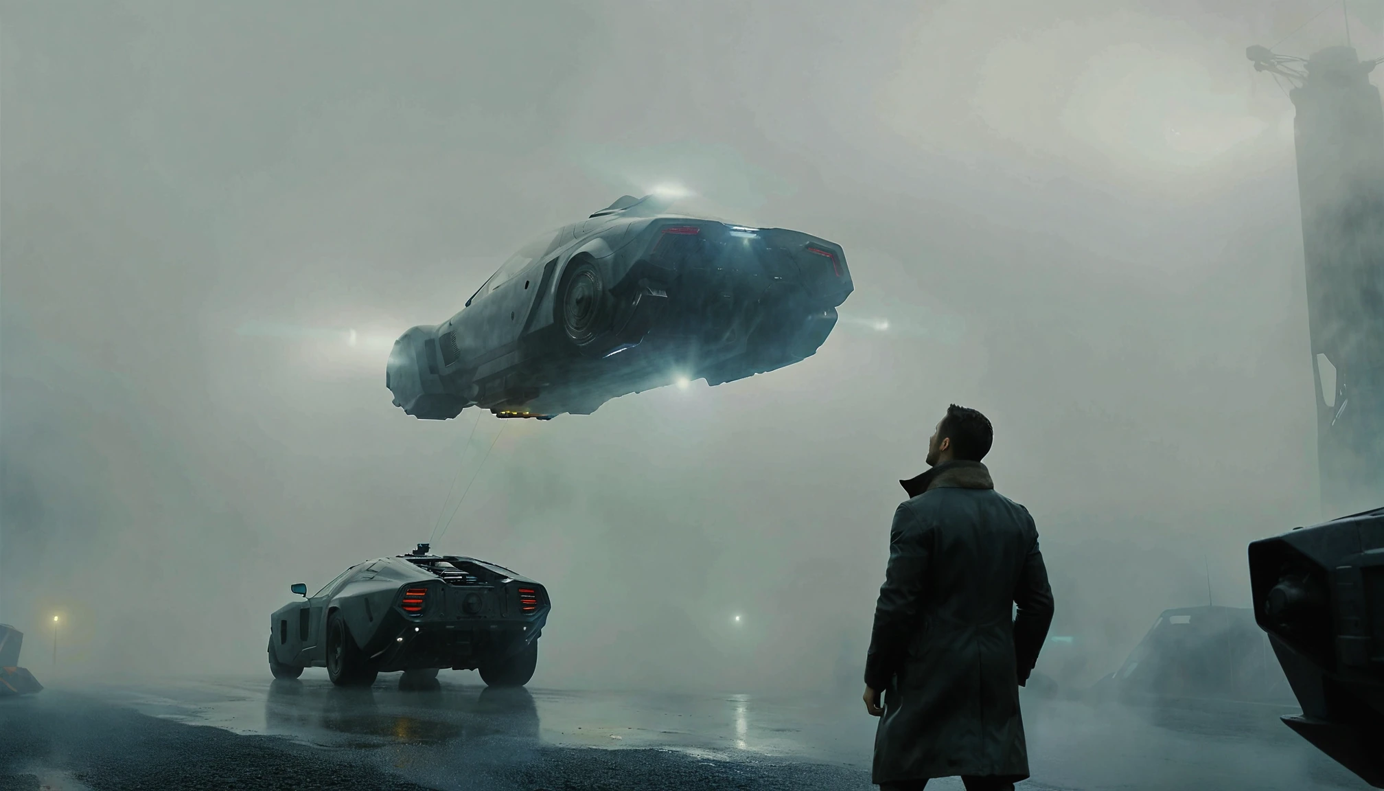 breathtaking cinematic photo Blade Runner 2049, science fiction futuristic film directed by Denis Villeneuve. The image captures a scene where a man, presumably a replicant, is looking up at a flying vehicle, possibly a flying car or drone. The atmosphere is misty and foggy, giving the scene a mysterious and eerie ambiance. The lighting is dim, with the vehicle's headlights illuminating its surroundings. The person's face is not fully visible,, Blade Runner 2049, science fiction futuristic film directed by Denis Villeneuve. The image captures a scene where a man, presumably a replicant, is looking up at a flying vehicle, possibly a flying car or drone. The atmosphere is misty and foggy, giving the scene a mysterious and eerie ambiance. The lighting is dim, with the vehicle's headlights illuminating its surroundings. The person's face is not fully visible, . 35mm photograph, film, bokeh, professional, 4k, highly detailed . award-winning, professional, highly detailed