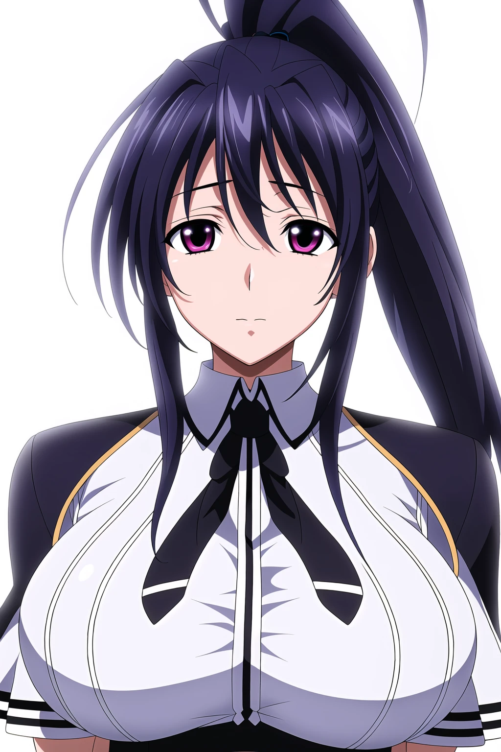 Simple White Background,
dynamic pose,standing at attention,
Black neckwear,white shirt,short_sleeves,
Red pleated skirt,school uniform,
<lora:Akeno_Himejima_DXD-KK77-V3:0.7>,
purple_eyes,Purple_hair,Long_hair,Bangs,ponytail,hair ornament, 
<lora:Oda_Non_Style-KK77-V2:0.3>,<lora:more_details:0.1>,
1 girl, 20yo,Young female,Beautiful long legs,Beautiful body,
Beautiful Nose,Beautiful character design, perfect eyes, perfect face,expressive eyes,perfect balance,
looking at viewer,(Focus on her face),closed mouth, (innocent_big_eyes:1.0),(Light_Smile:0.3),
official art,extremely detailed CG unity 8k wallpaper, perfect lighting,Colorful, Bright_Front_face_Lighting,White skin,
(masterpiece:1.0),(best_quality:1.0), ultra high res,4K,ultra-detailed,
photography, 8K, HDR, highres, absurdres:1.2, Kodak portra 400, film grain, blurry background, bokeh:1.2, lens flare, (vibrant_color:1.2),professional photograph,
(Beautiful,large_Breasts:1.4), (beautiful_face:1.5),(narrow_waist),