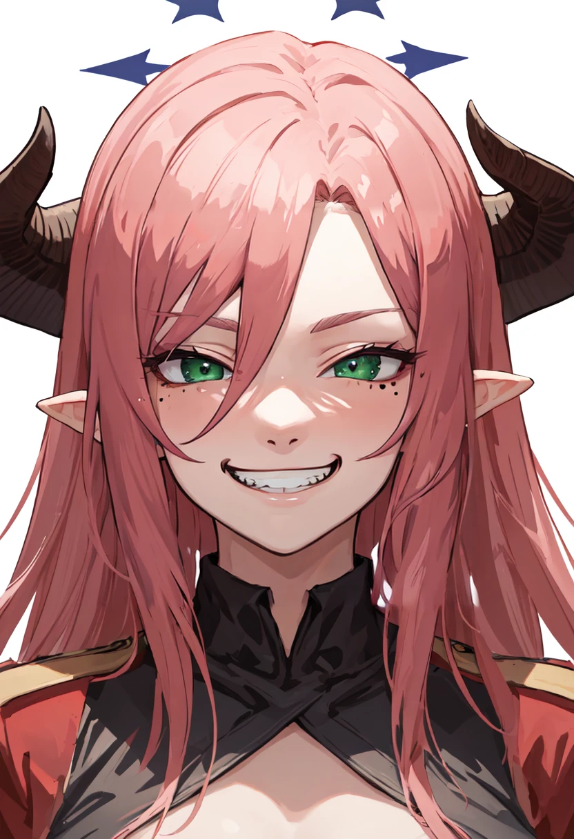1 girl, petite, very small boobs, (Red skinned:1.5), high quality, insanely detailed, short hair, naked, an elf, sharp fangs, All body chained, chained hands, chained neck, moles next to eye, Looking seductively at the viewer, Smirk, portrait