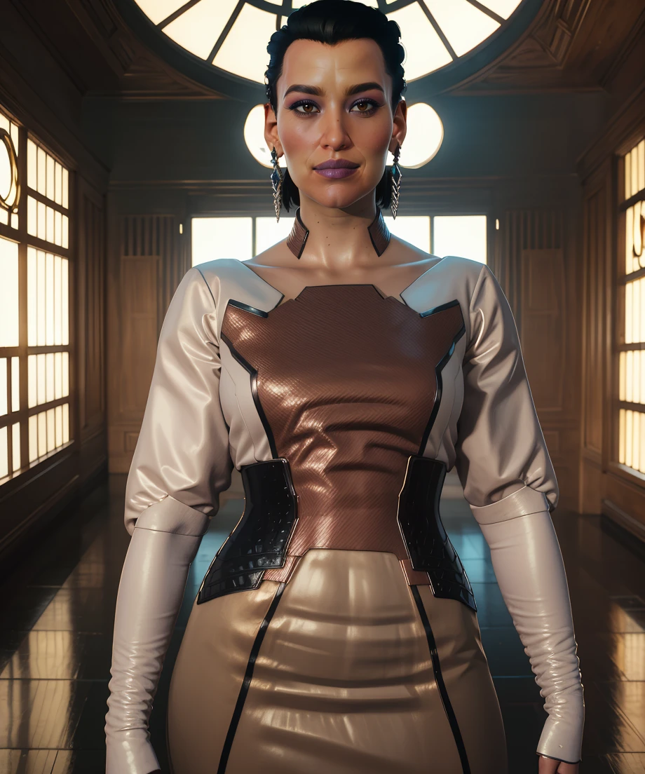 elizabeth,brown eyes,black hair,hair slicked back,makeup, medium hair, 
earrings,long sleeves,dress,light smile,
standing,upper body,
fancy mansion,science fiction,
(insanely detailed, masterpiece, best quality),<lora:ElizabethPeralezcp077-std10:1>,