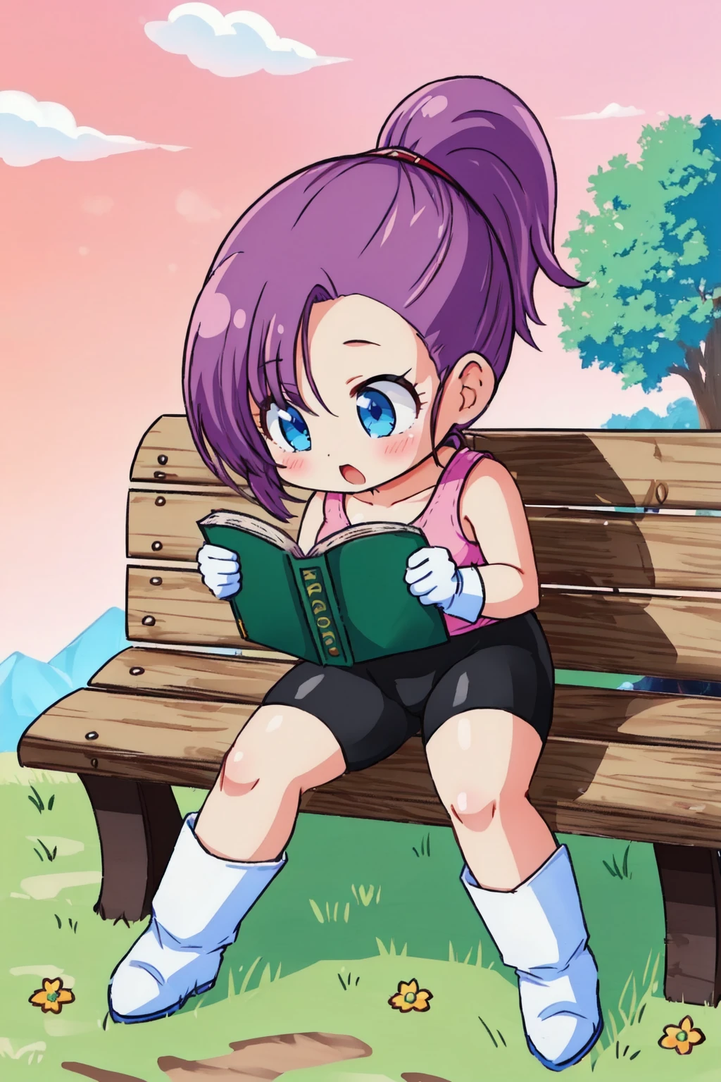 sonbura,bsfrm,cute, 1girl,solo,purple hair,blue eyes,full body,ponytail,(hair pulled back:1.2,asymmetrical bangs),pink tank top, bike shorts, white gloves, white boots,grass, pink sky, bench, reading, book, (from above:0.8),(best quality, masterpiece) <lora:sonbura_v1:1>